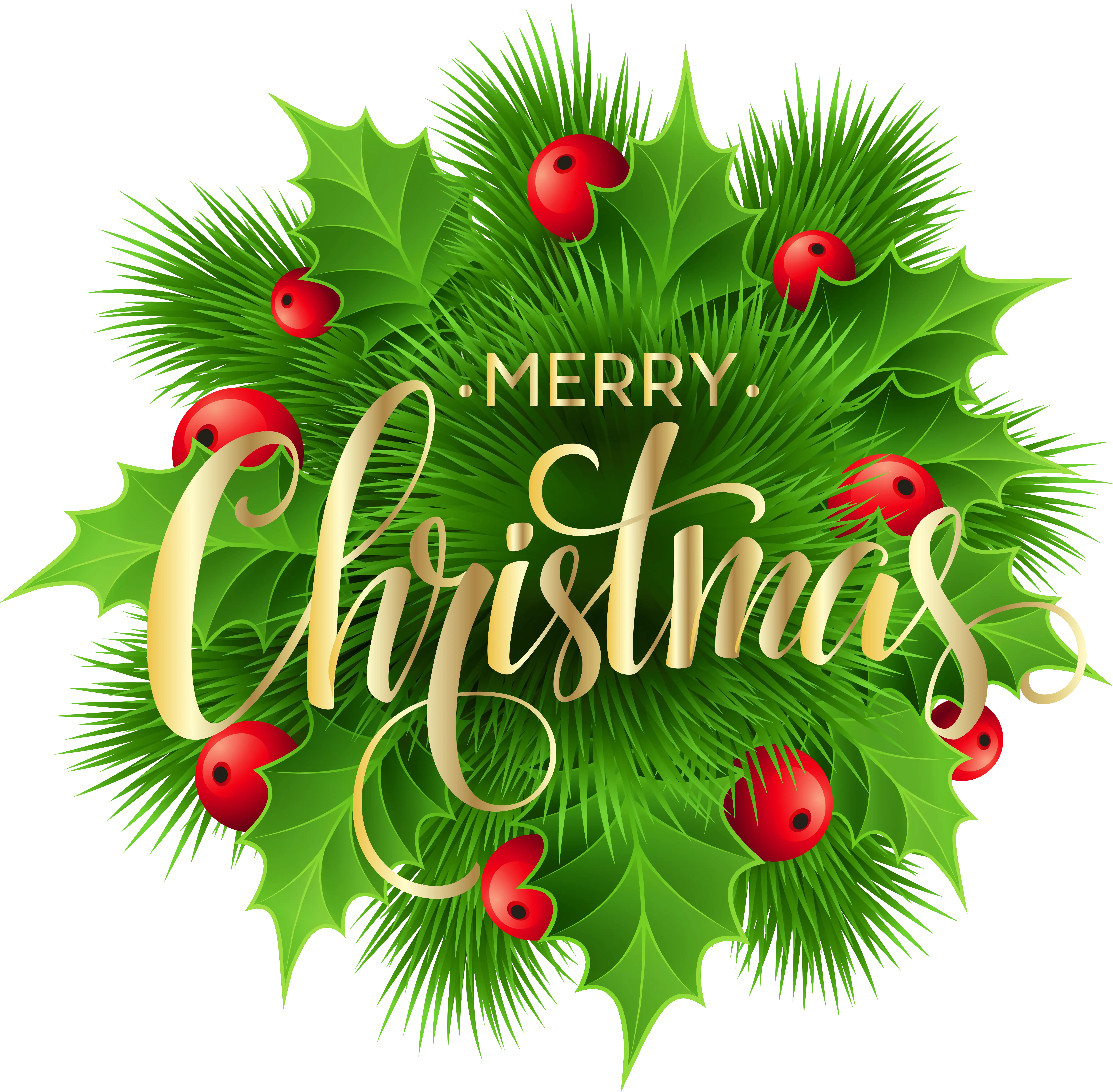 Merry Christmas Wreath with Holly and Berries