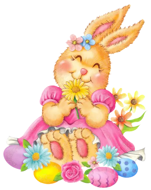 Cute Easter Bunny with Flowers and Eggs