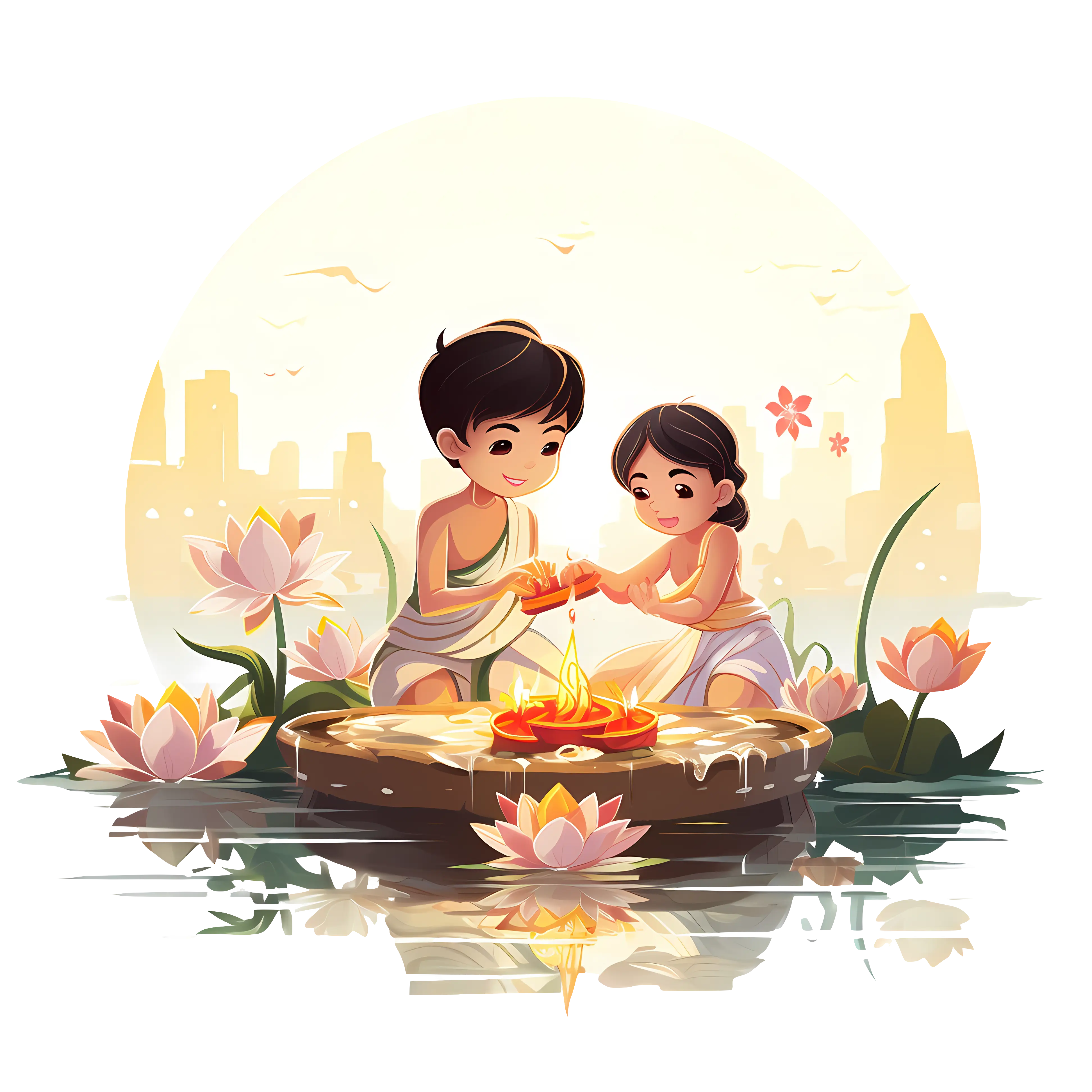 Children lighting candles on water