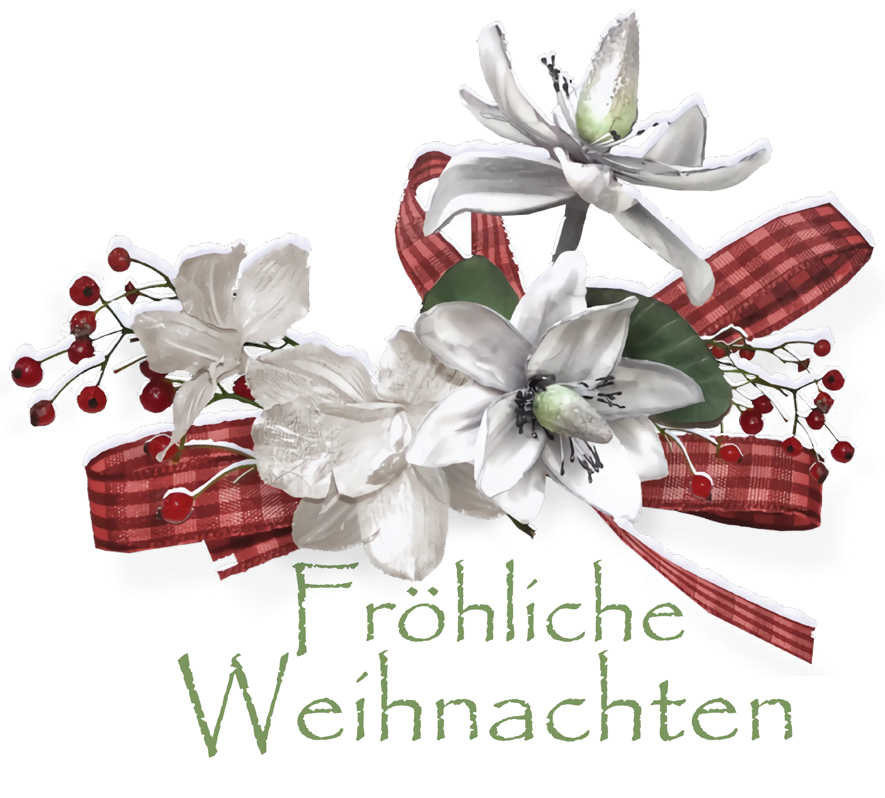 White Flowers with Red Ribbon and Berries