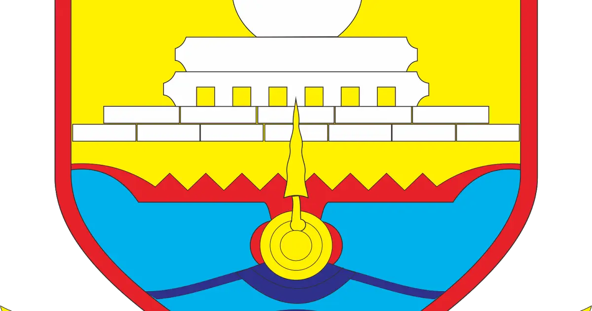 Colorful emblem with a building and spear