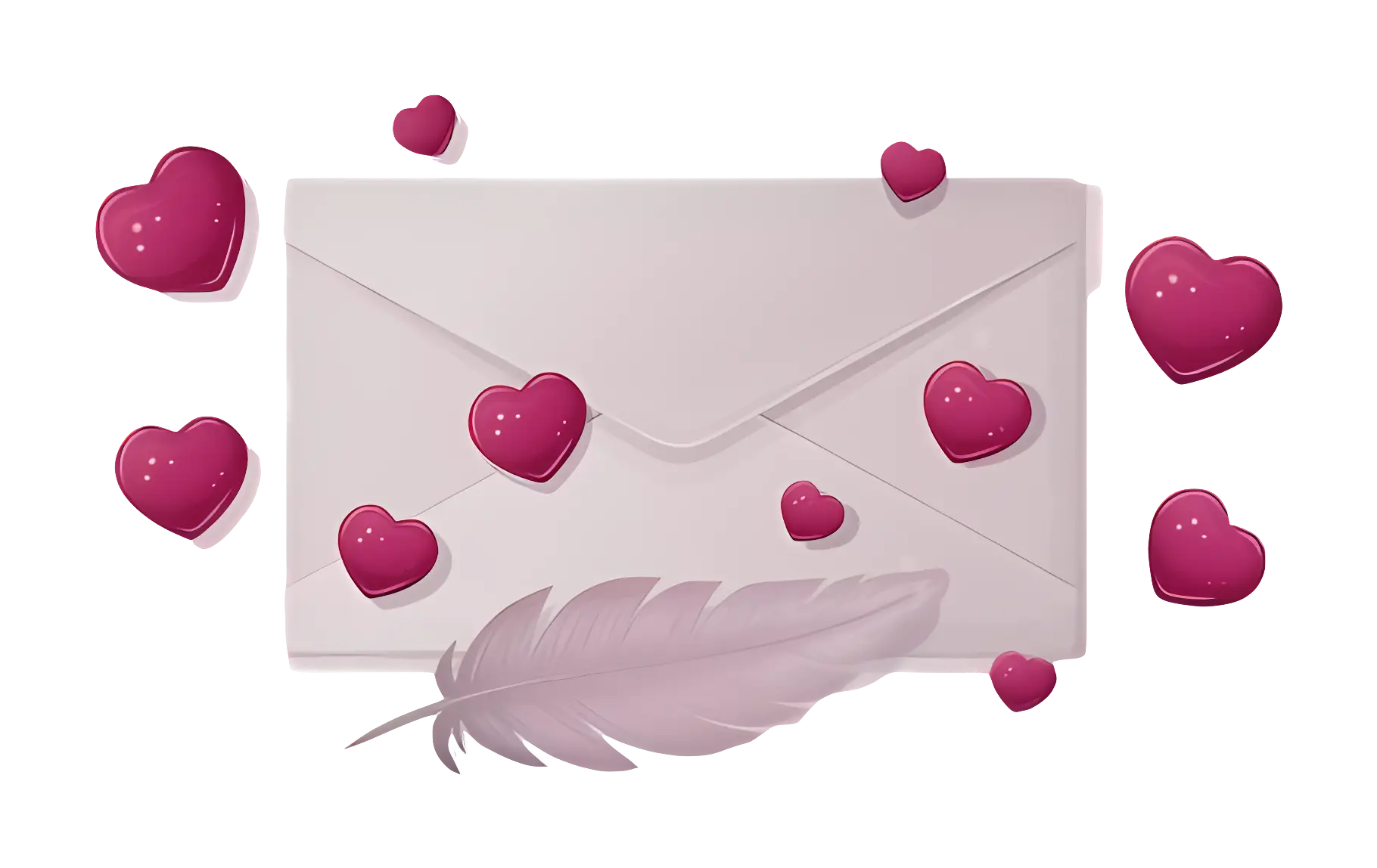 White Envelope with Pink Hearts and Feather Accent