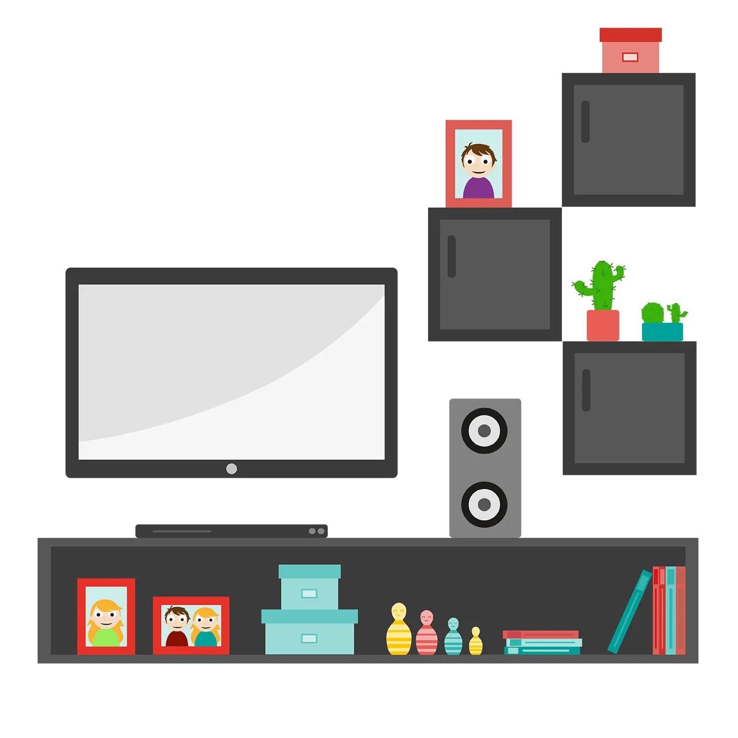 Modern Living Room TV Setup with Shelves
