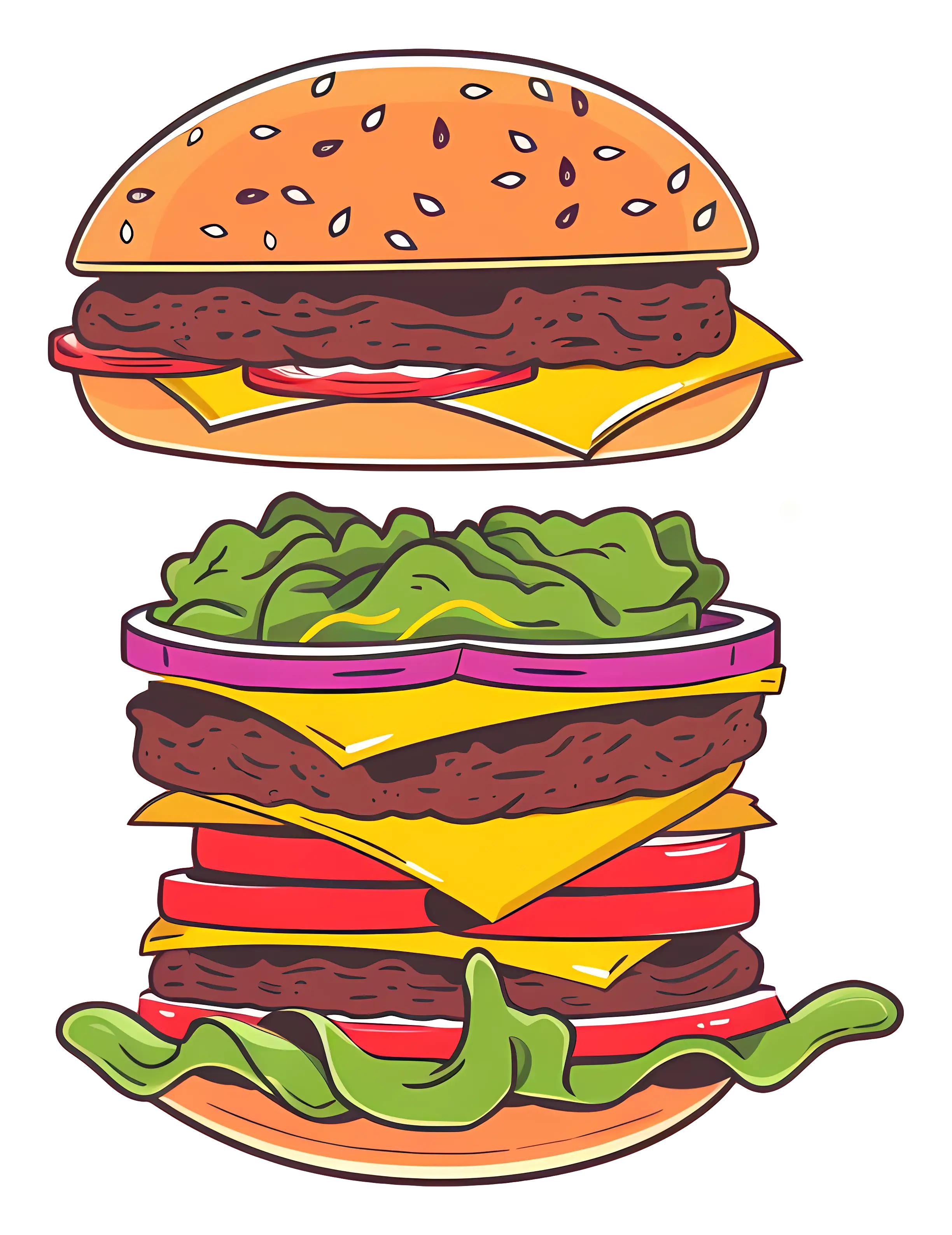 Cartoon Hamburger with Fresh Ingredients