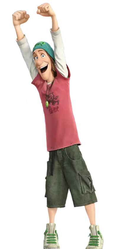 Excited Animated Character in Green Hat and Red Shirt