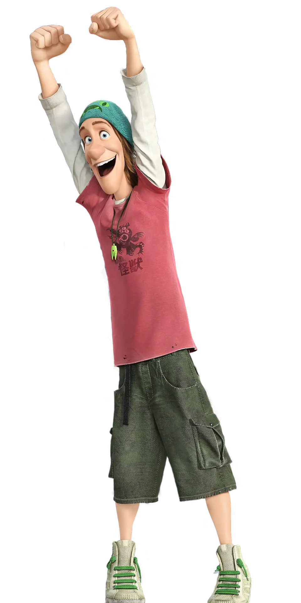 Excited Animated Character in Green Hat and Red Shirt