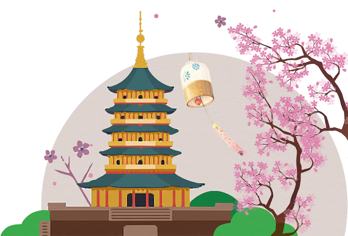 Traditional Japanese Pagoda with Cherry Blossoms