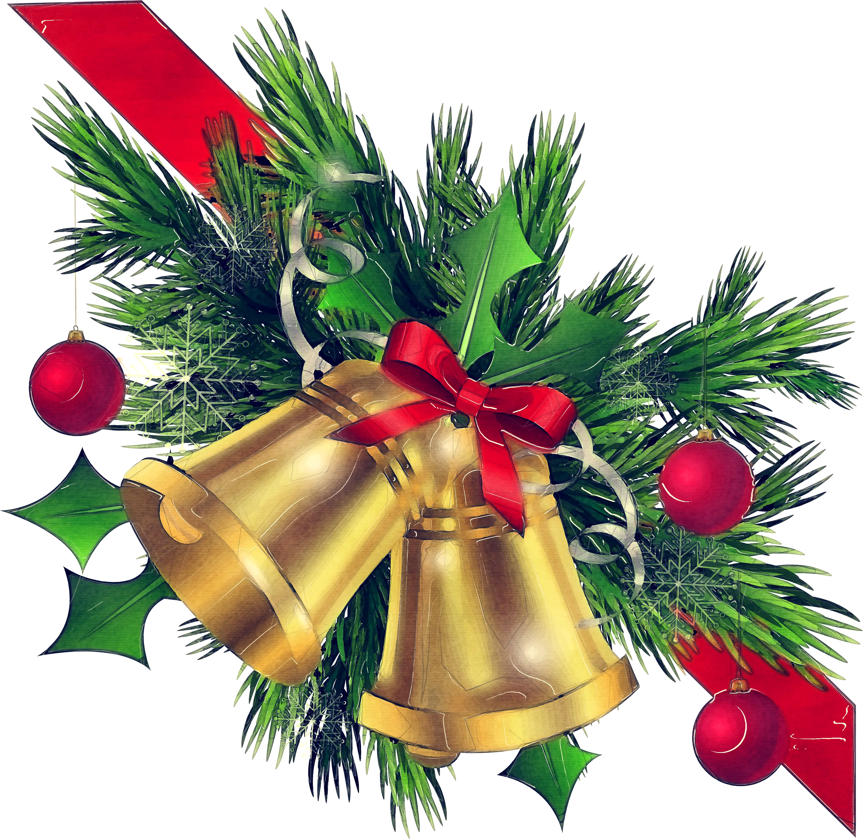 Golden Christmas Bells with Red Ribbon and Pine Decoration