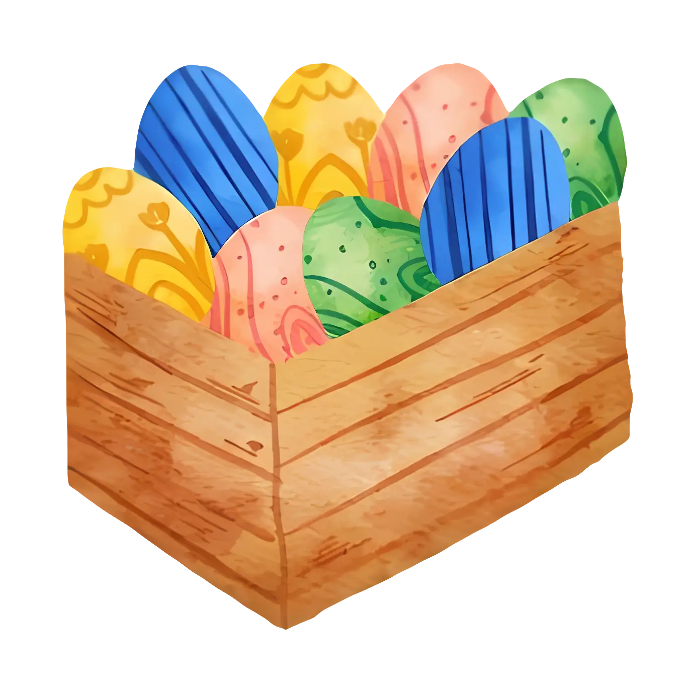 Colorful Decorated Eggs in a Wooden Basket