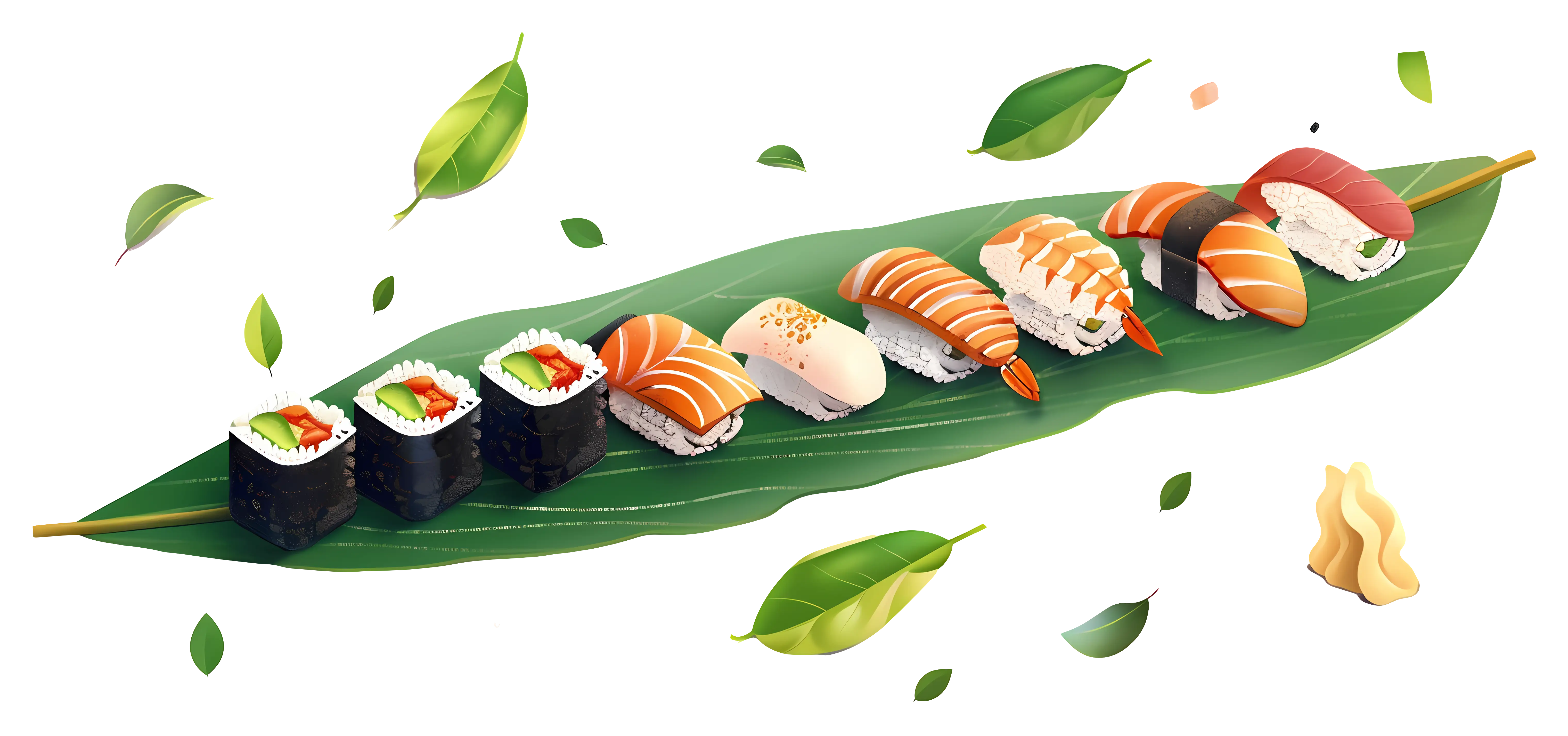 Variety of Sushi Arranged on a Leaf