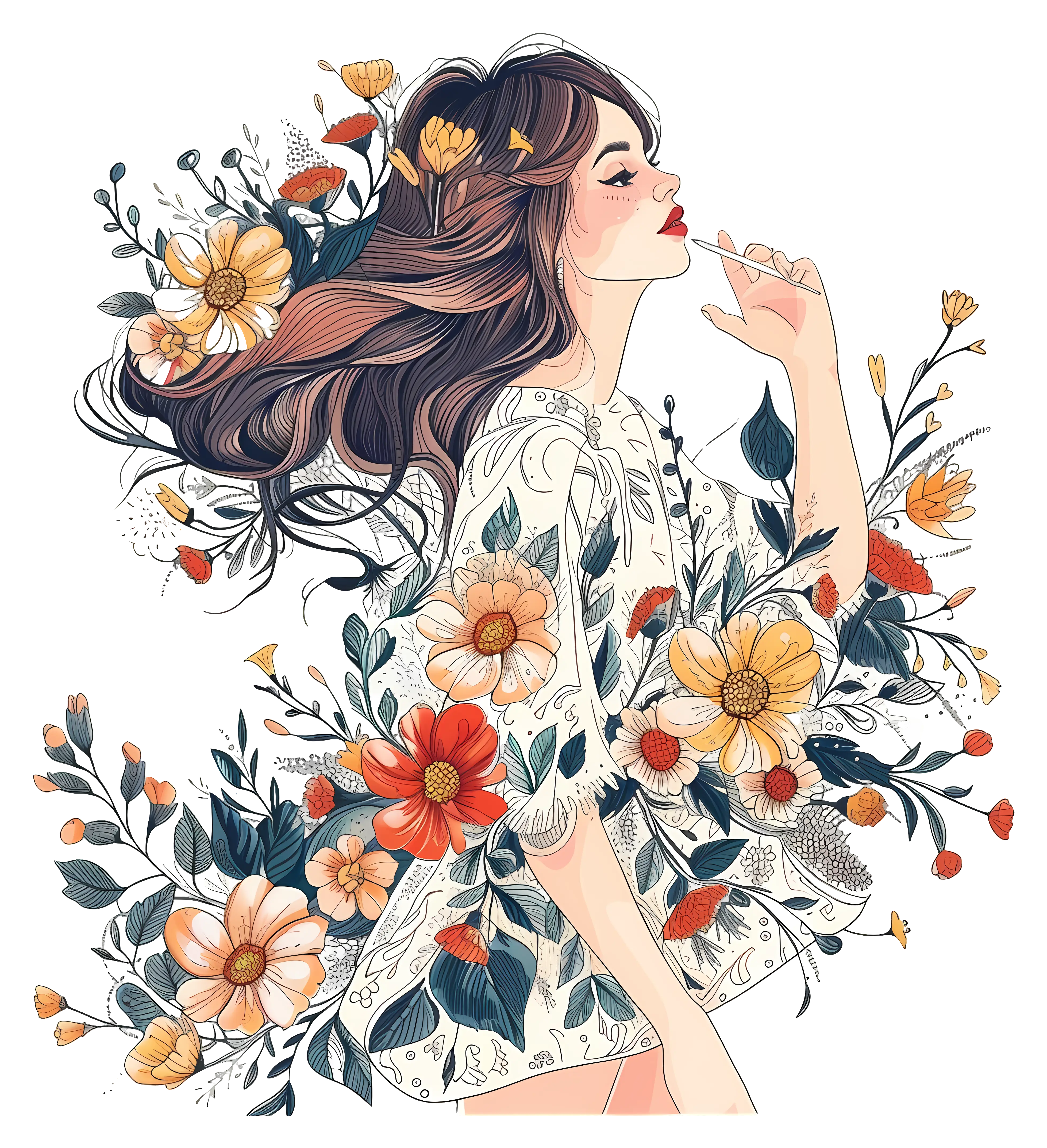 Woman with Floral Illustration
