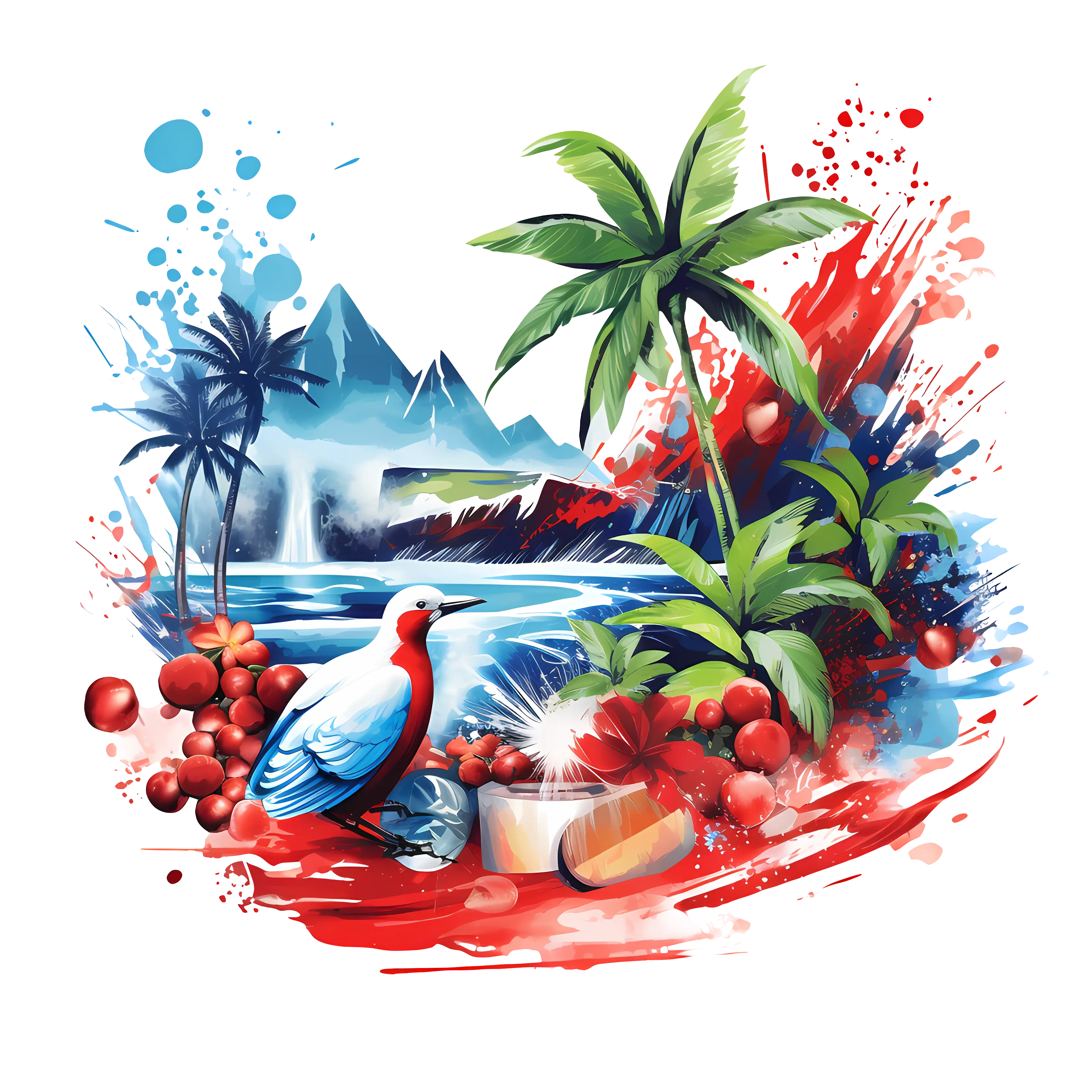 Tropical Landscape with Bird and Palm Trees