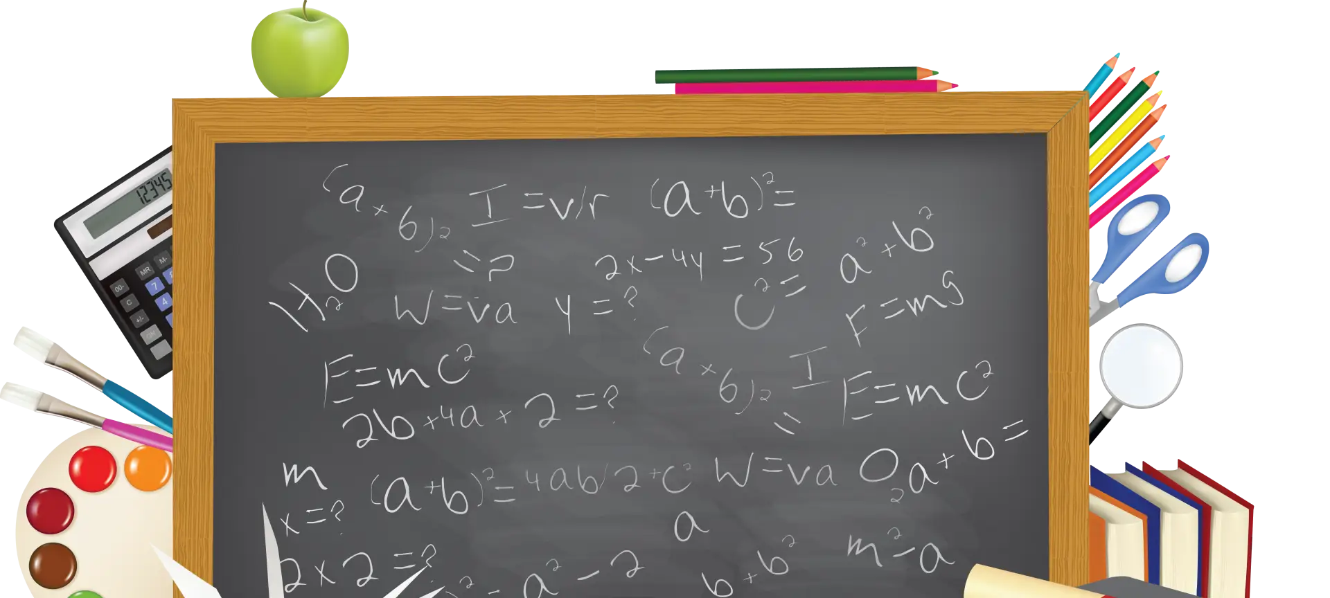 Chalkboard with Math Equations and Classroom Supplies