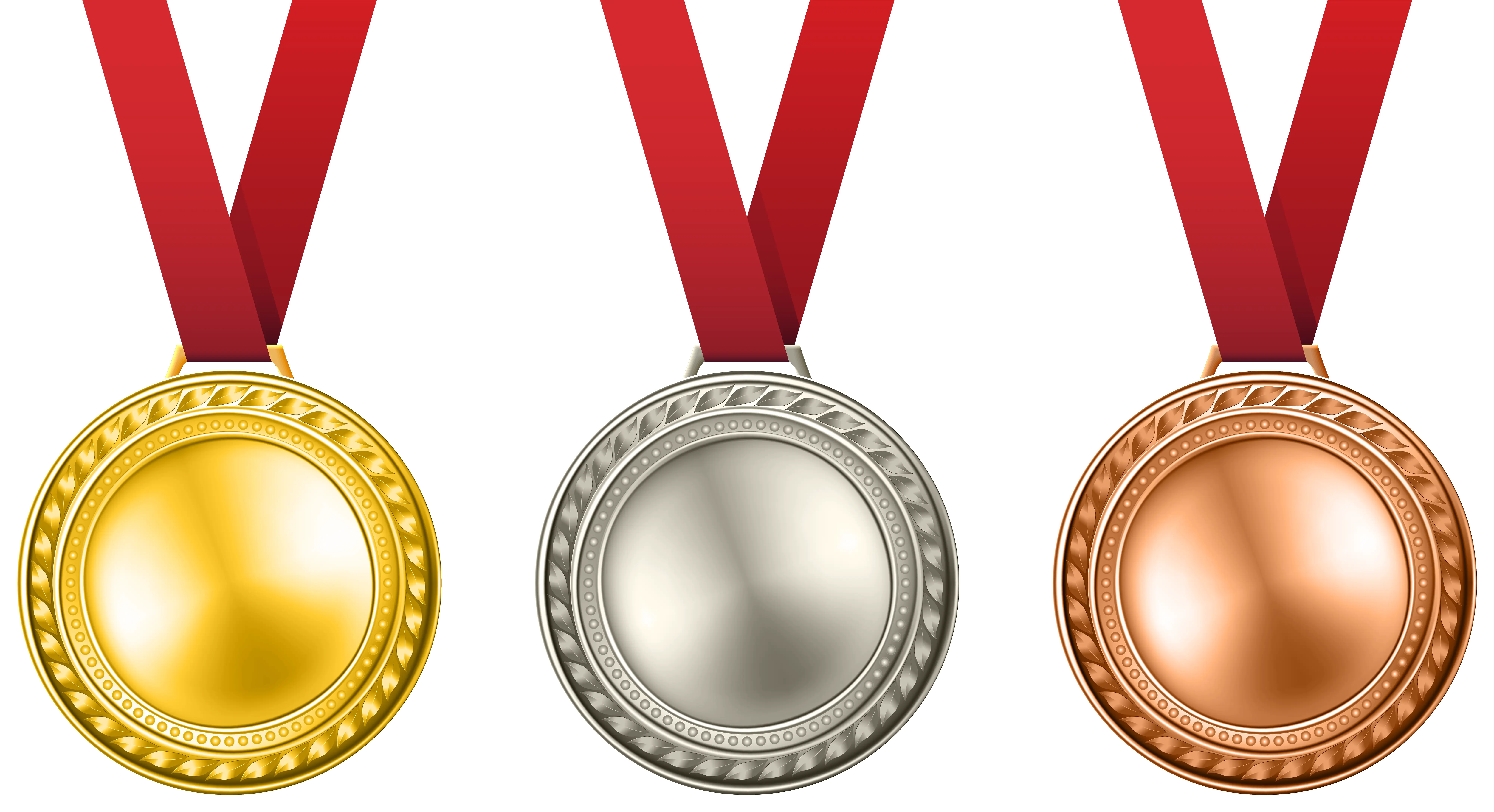Gold, Silver, and Bronze Medals with Red Ribbons