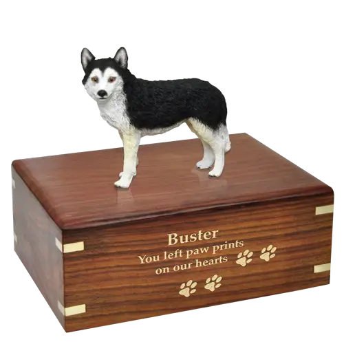 Wooden Pet Urn with Dog Figurine and Engraving