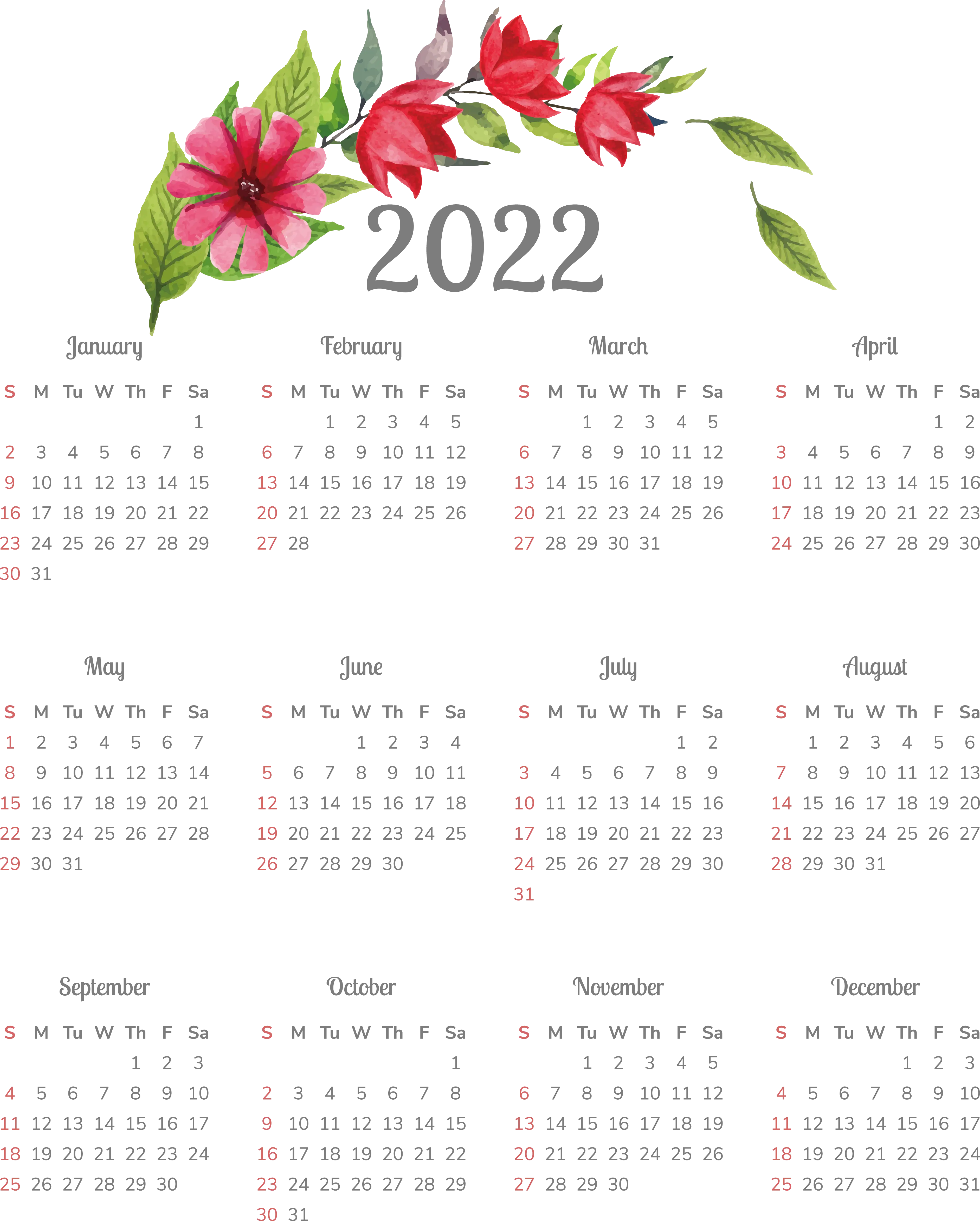 2022 Full Year Calendar with Flower Accents