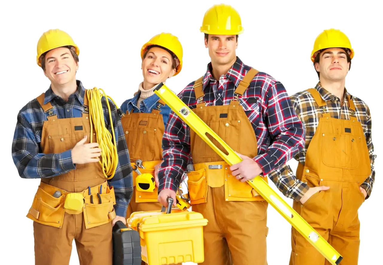 Group of Construction Workers with Tools and Safety Gear