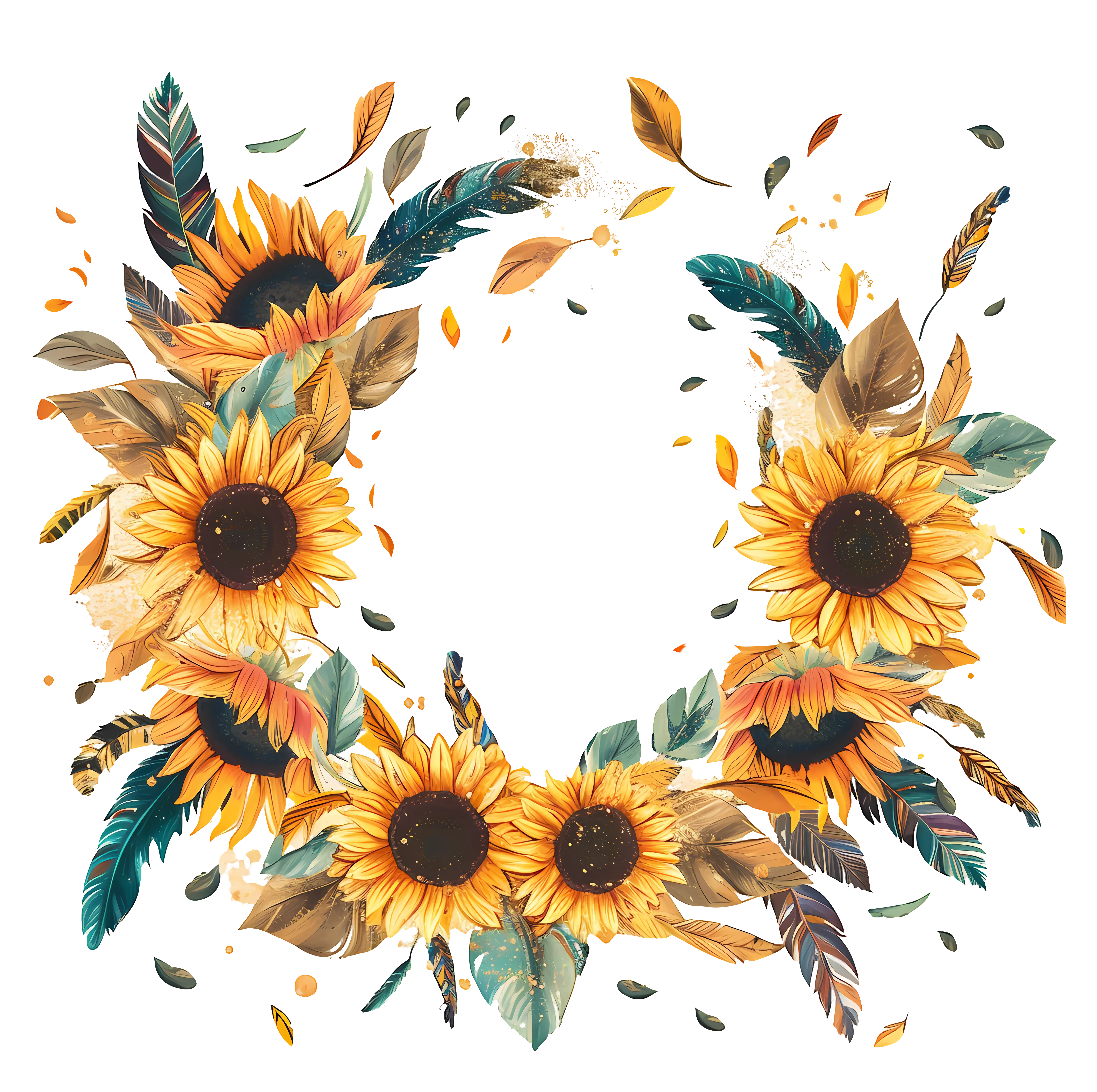 Sunflower Wreath with Leaves and Feathers