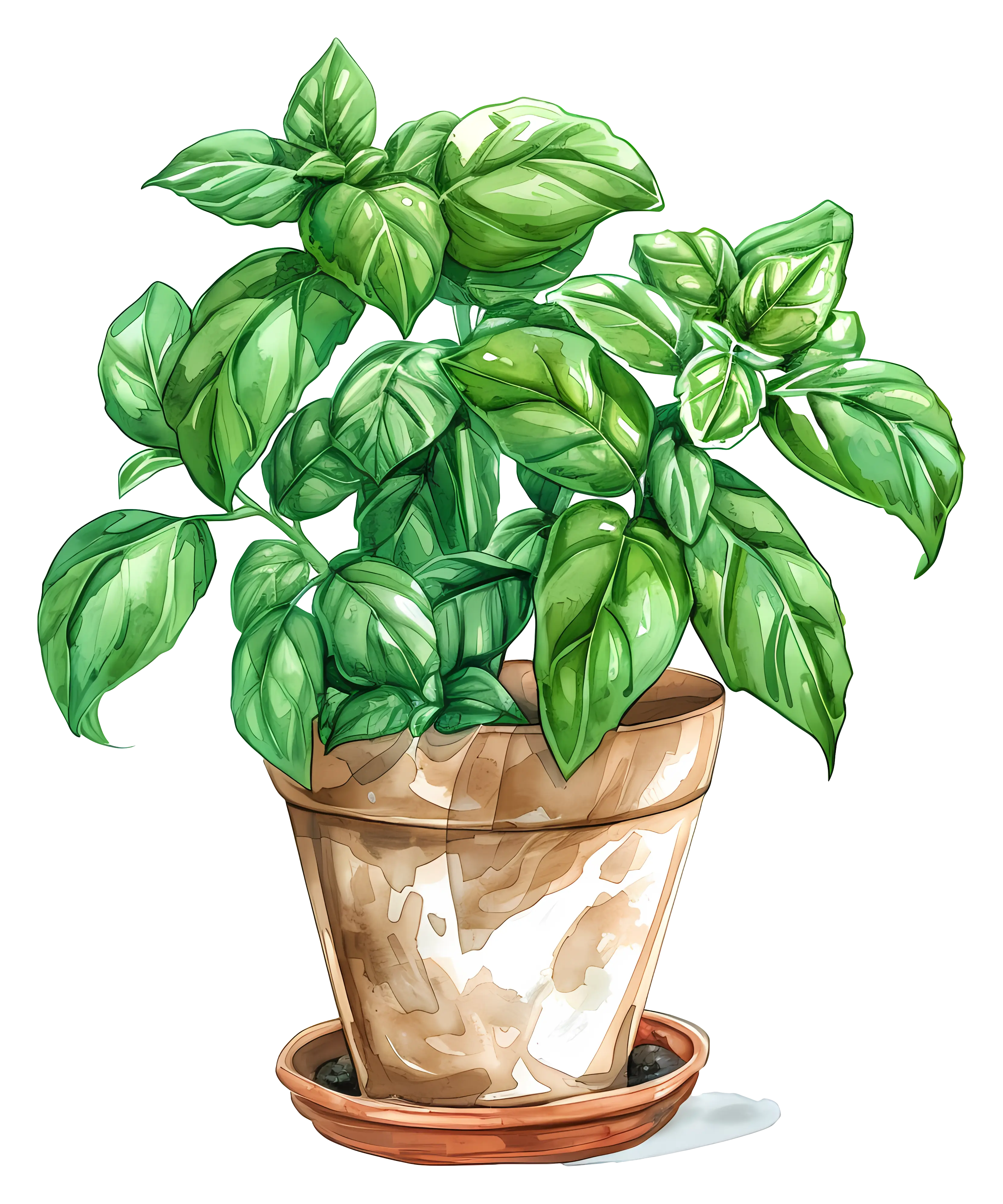 Illustration of Green Basil Plant in a Pot