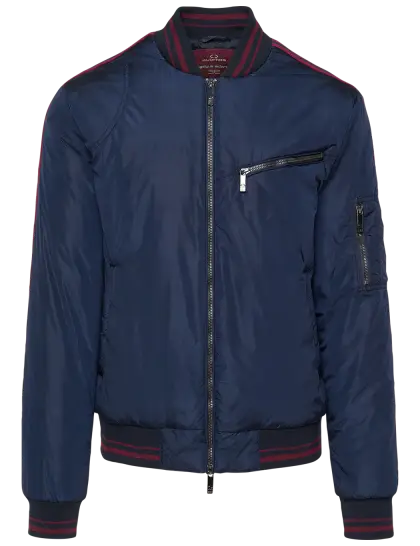 Navy Bomber Jacket with Red Stripe Details