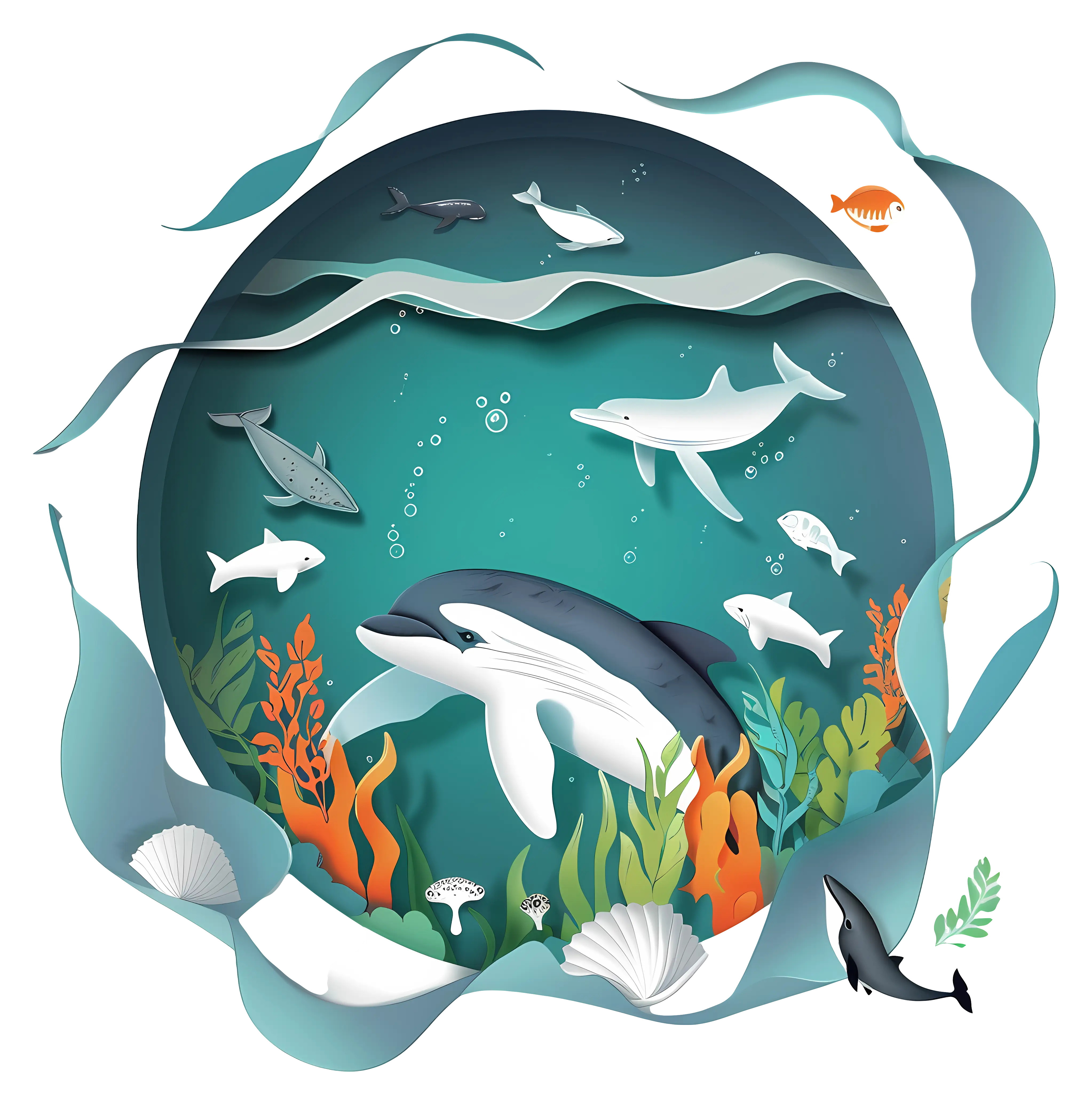 Underwater Marine Life Illustration with Dolphins and Coral