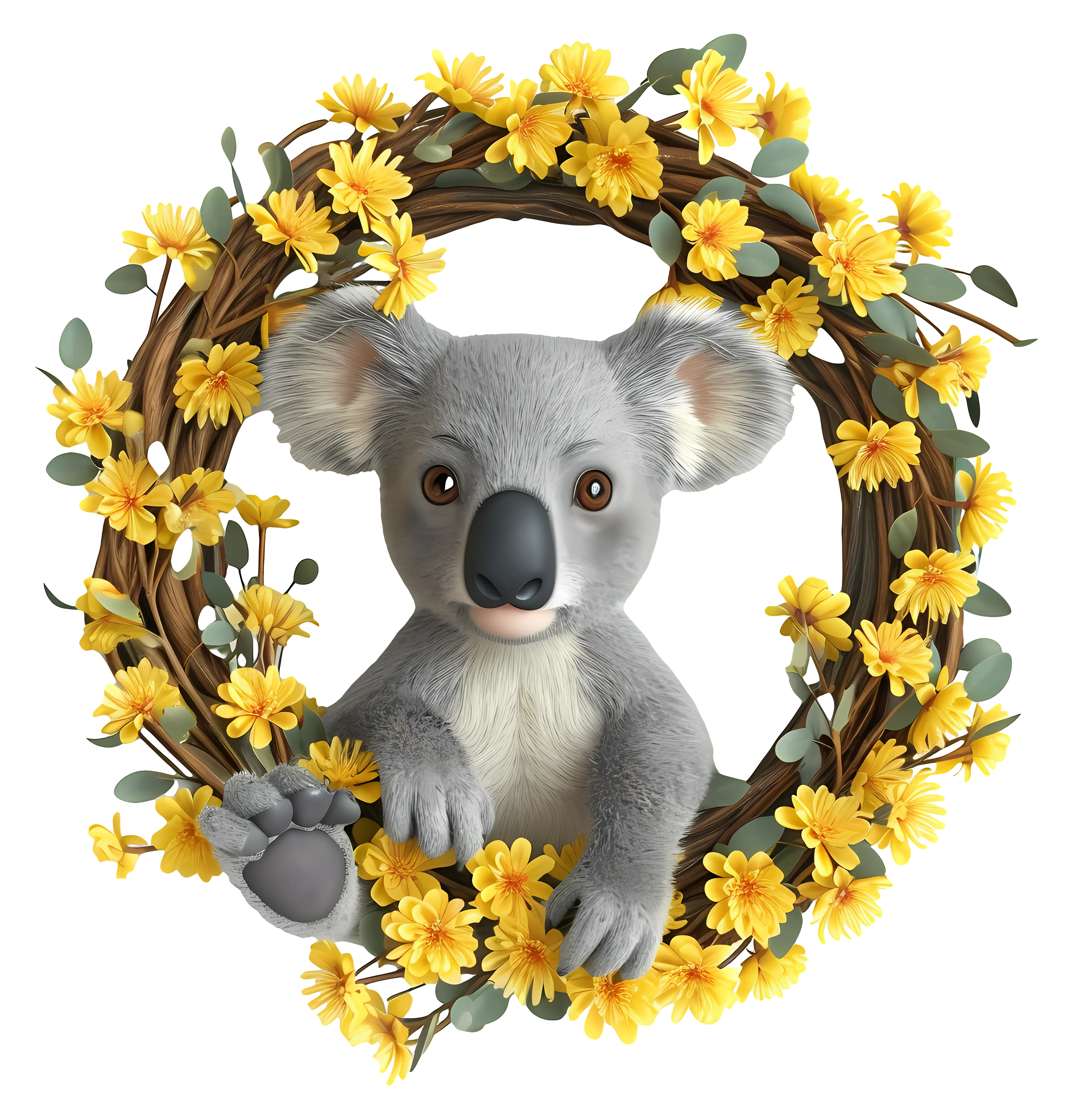 Koala in Wreath with Yellow Flowers