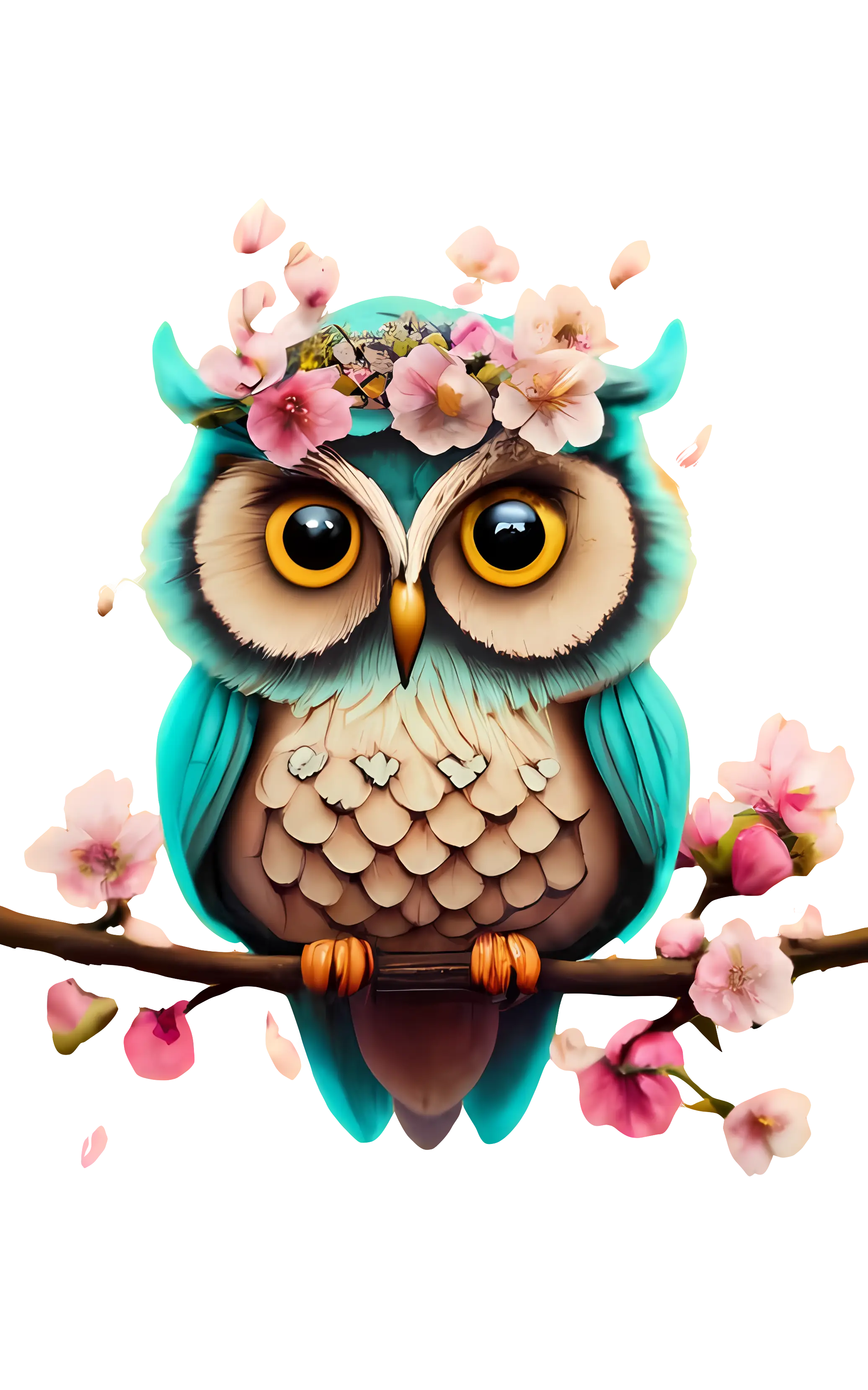 Adorable Owl on Branch with Blossoms