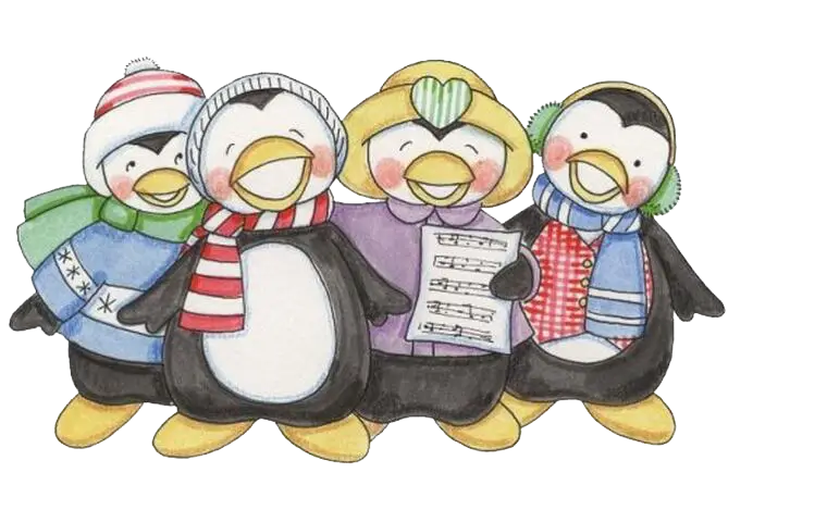 Group of Cartoon Penguins in Winter Attire
