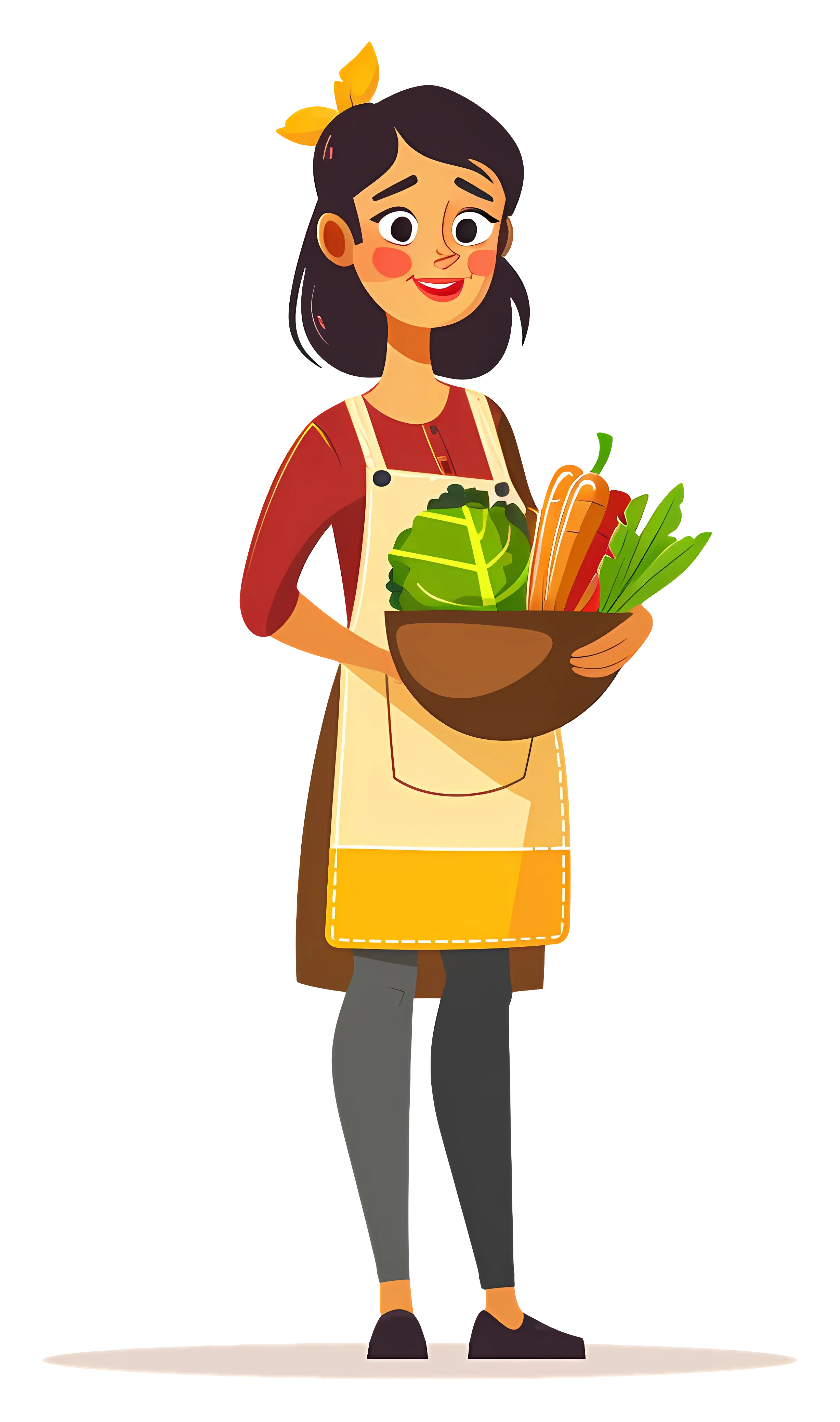 Cartoon Woman Holding Vegetables in a Bowl