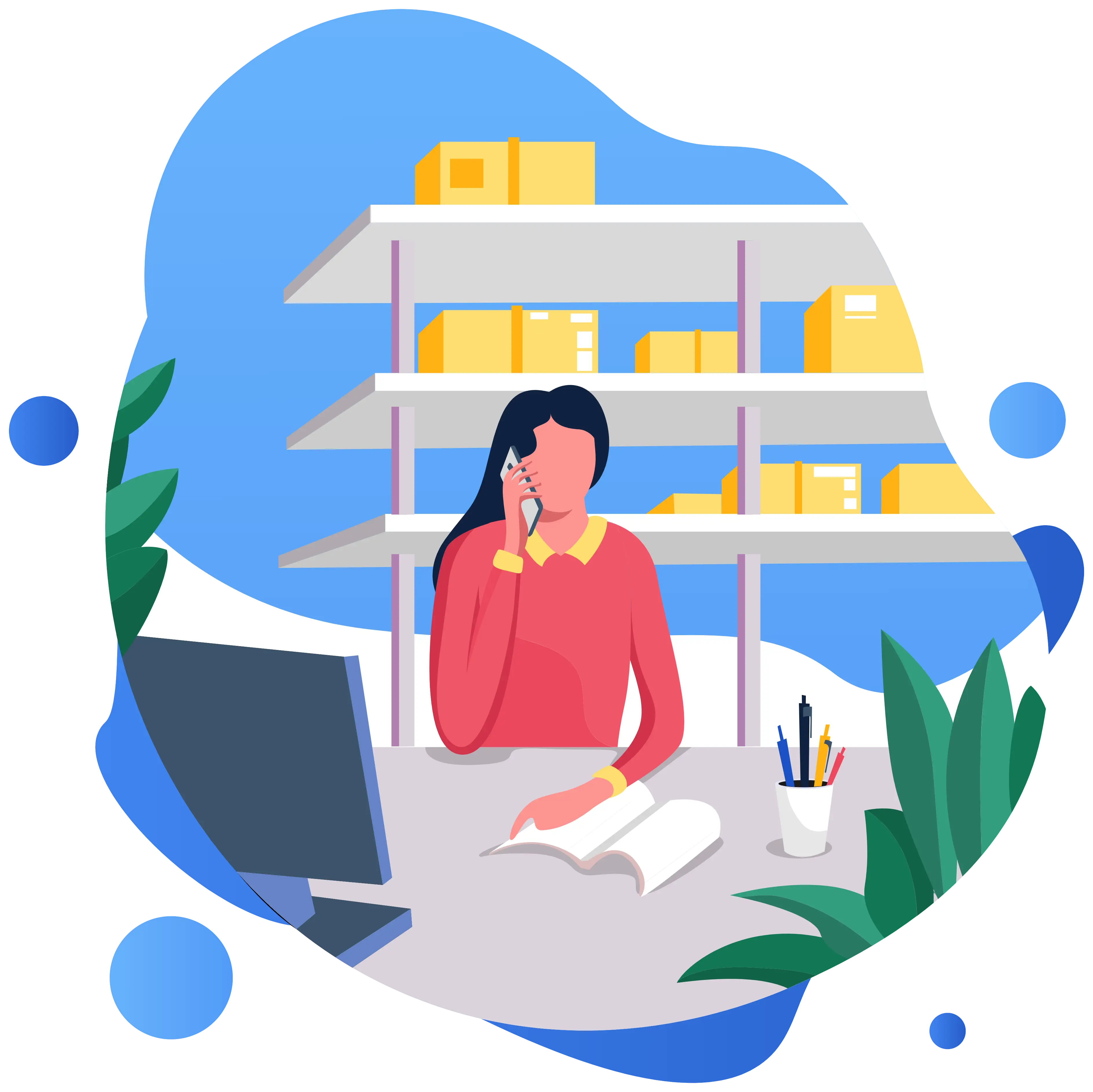 Woman Talking on Phone in Office Illustration