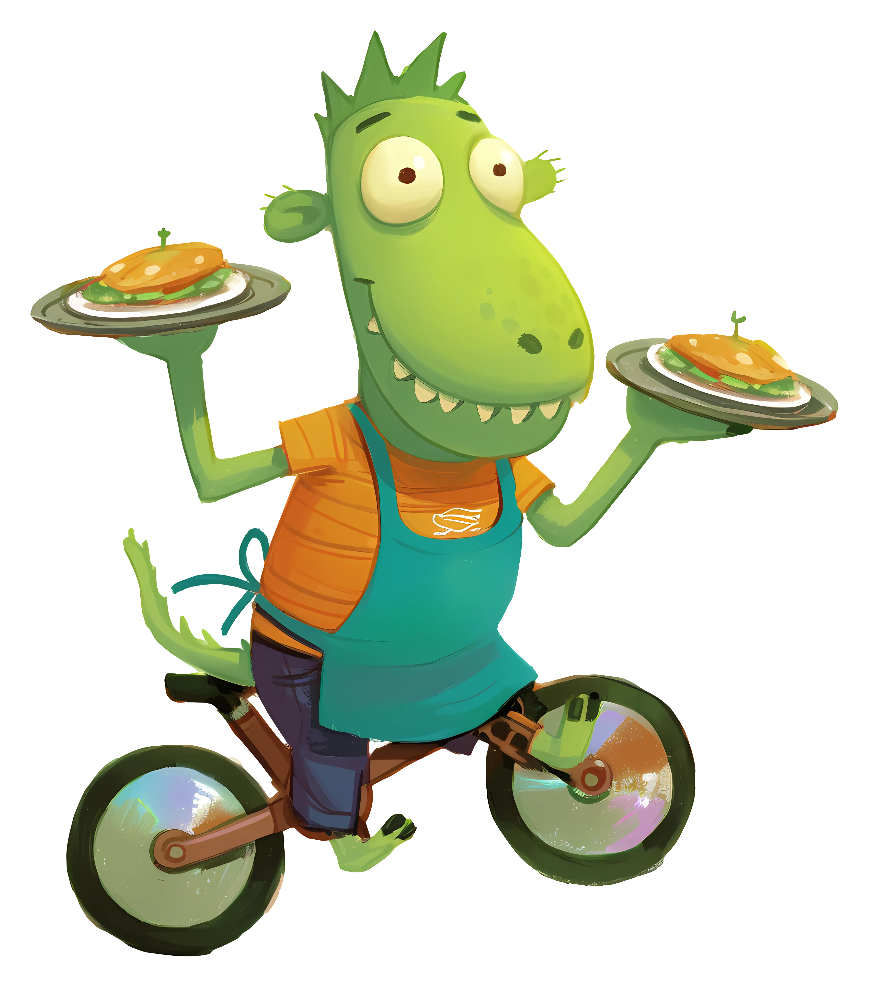 Green Dinosaur on Bicycle with Pancakes