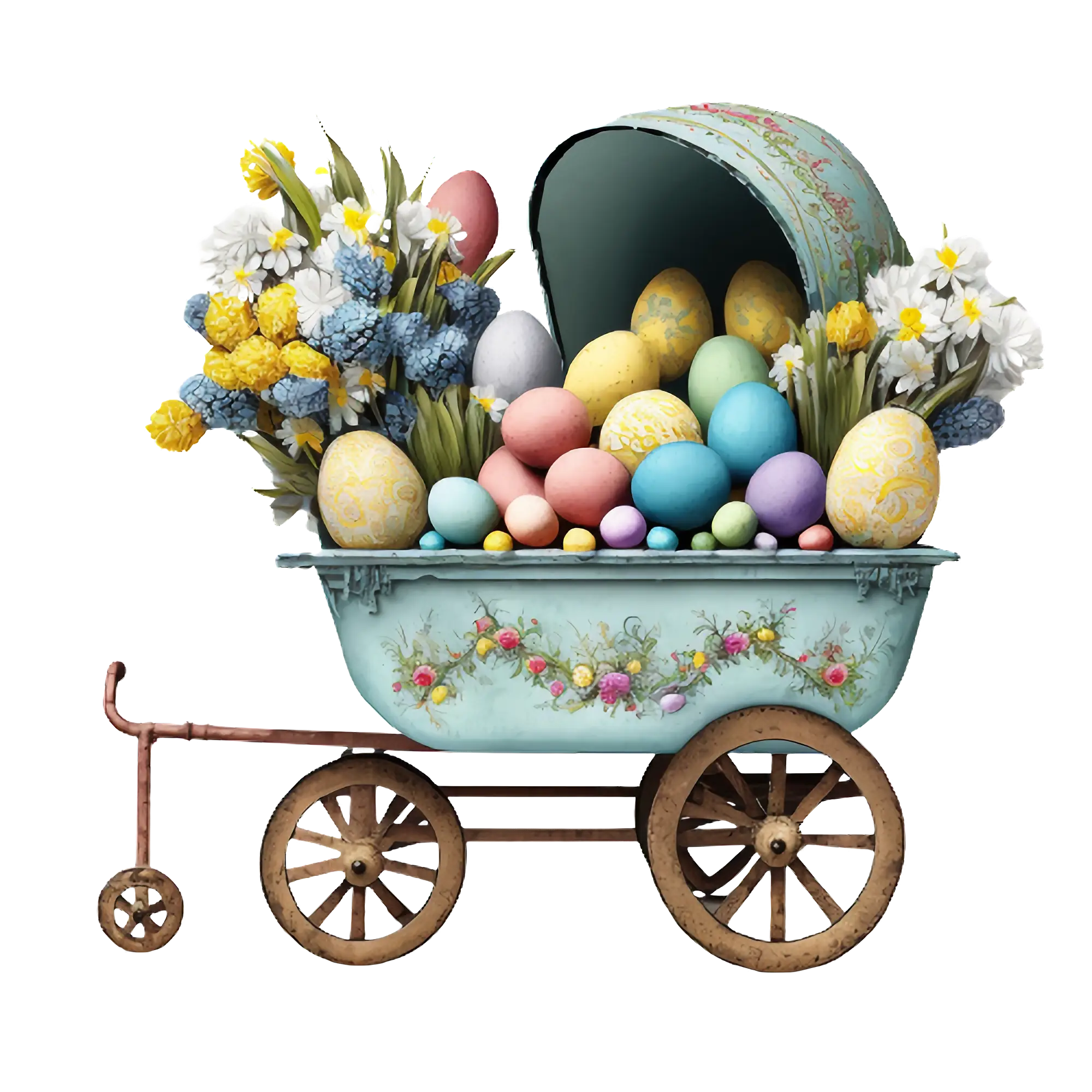 Decorative Easter Egg Cart with Flowers