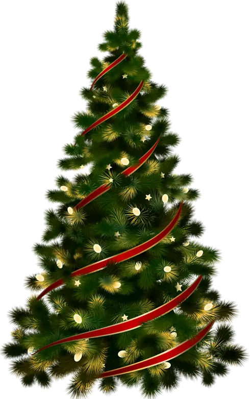 Decorated Christmas Tree with Lights and Ribbons