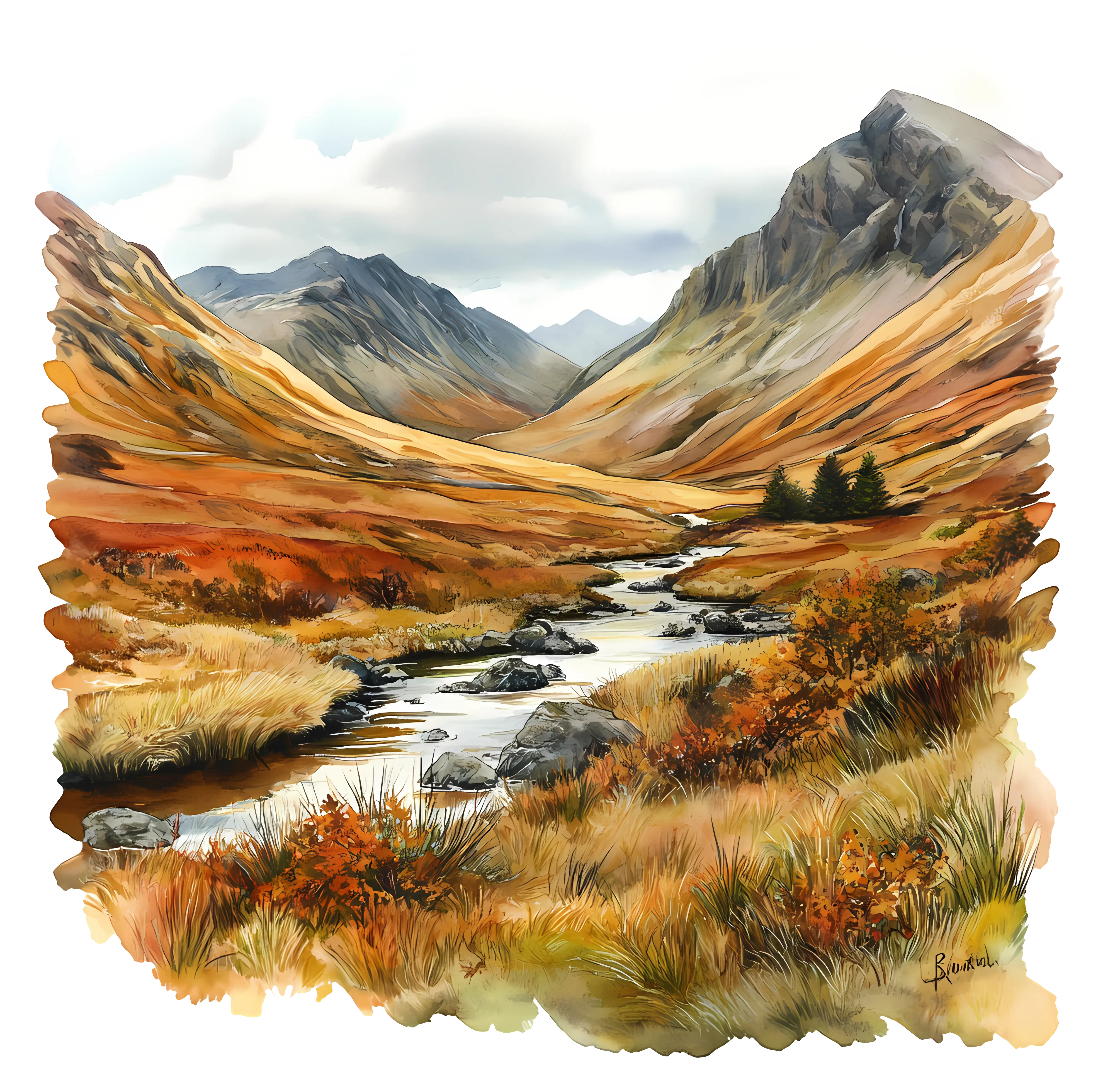 Autumn Landscape with Mountains and Flowing Stream
