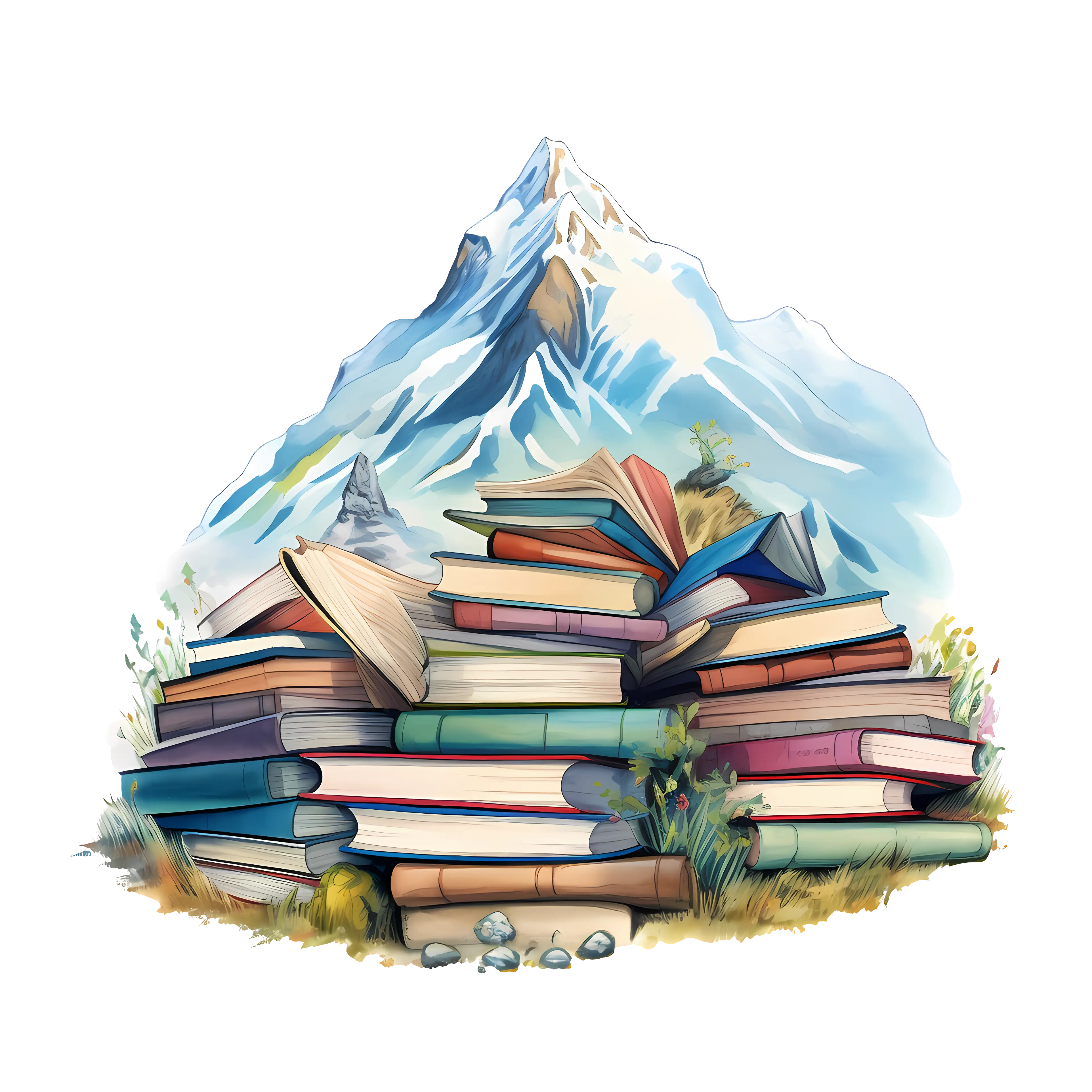 Stack of Books Surrounded by Mountain Scenery