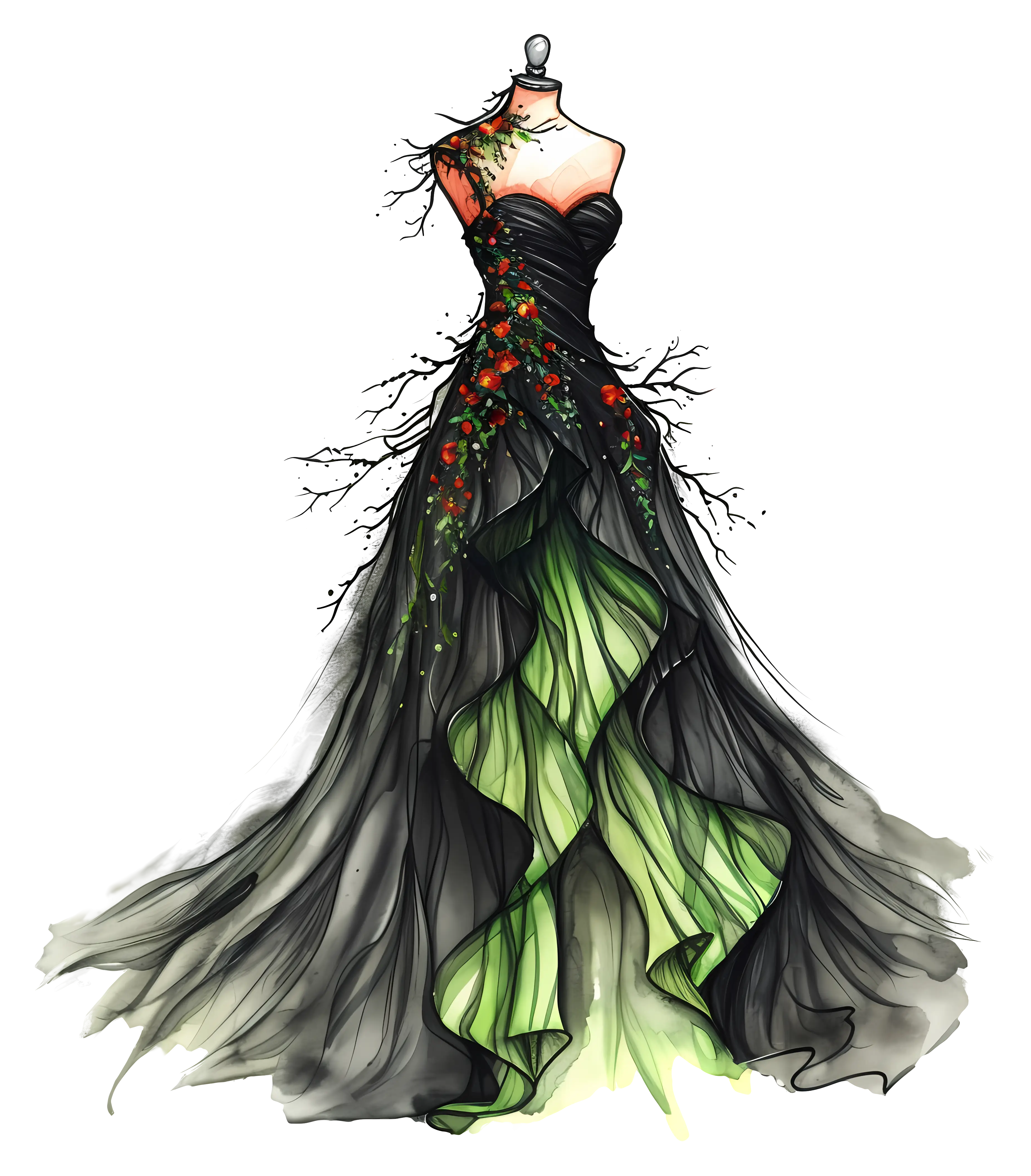 Elegant Black and Green Dress on Mannequin