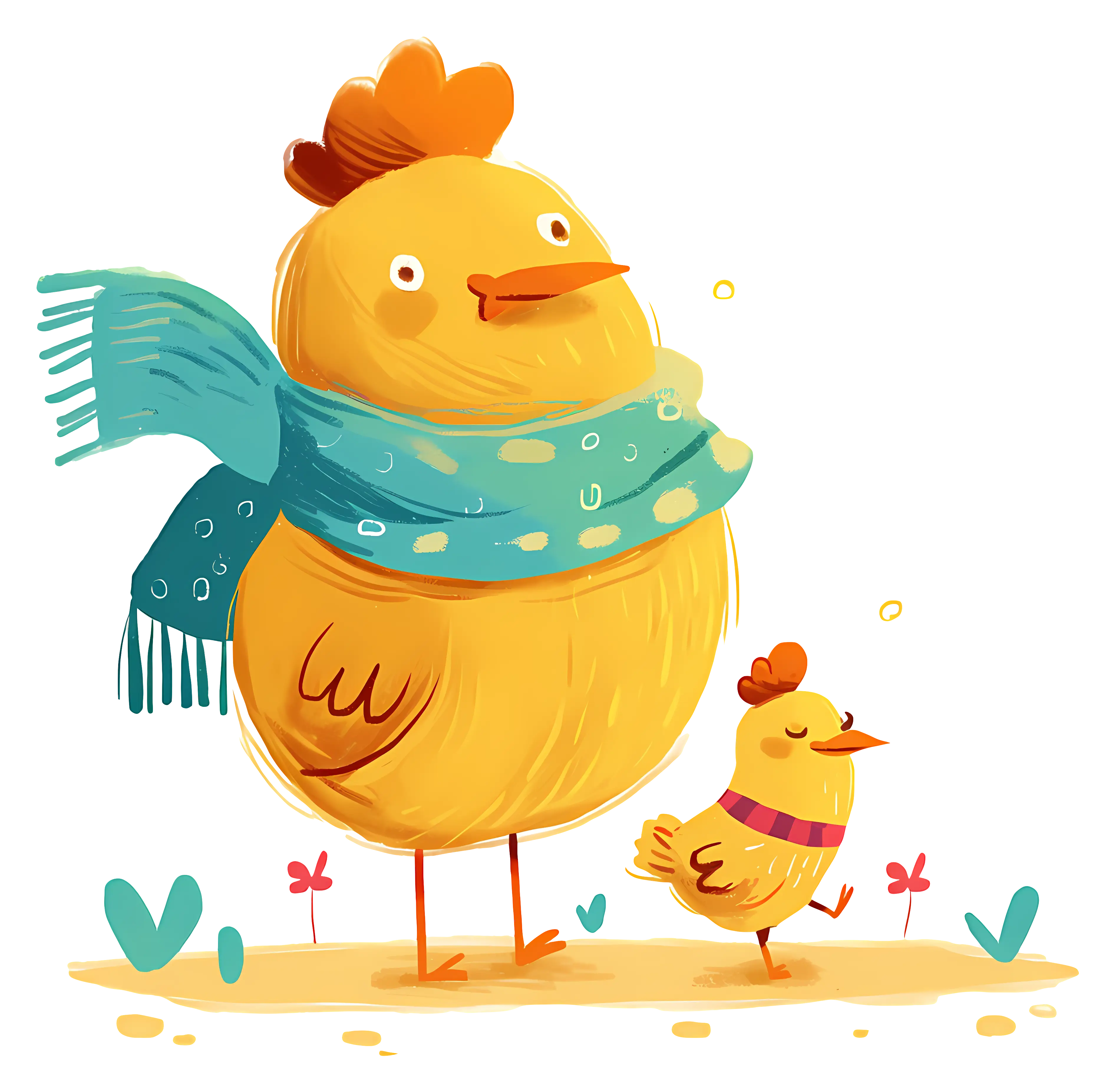 Chickens with Scarves in Cartoon Style