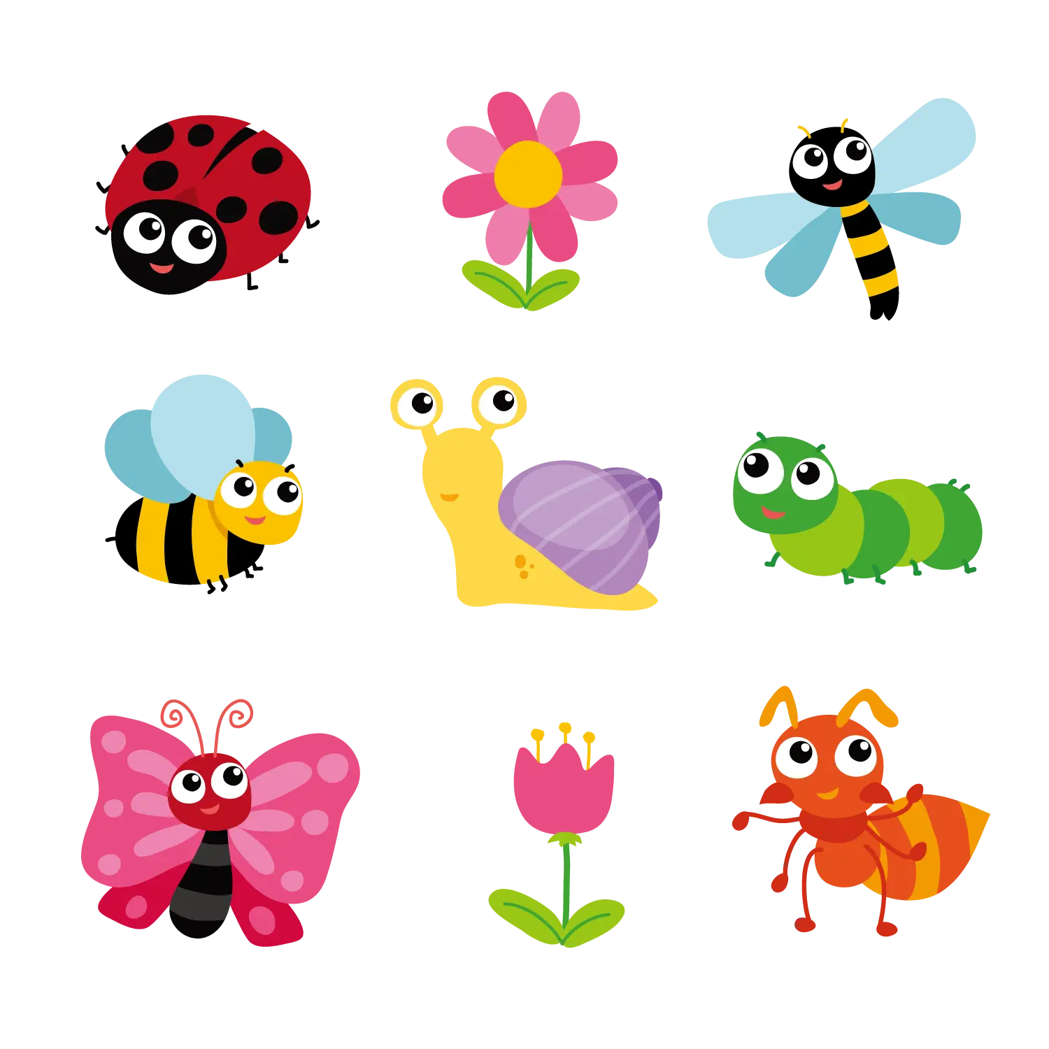 Cute Cartoon Insects and Flowers