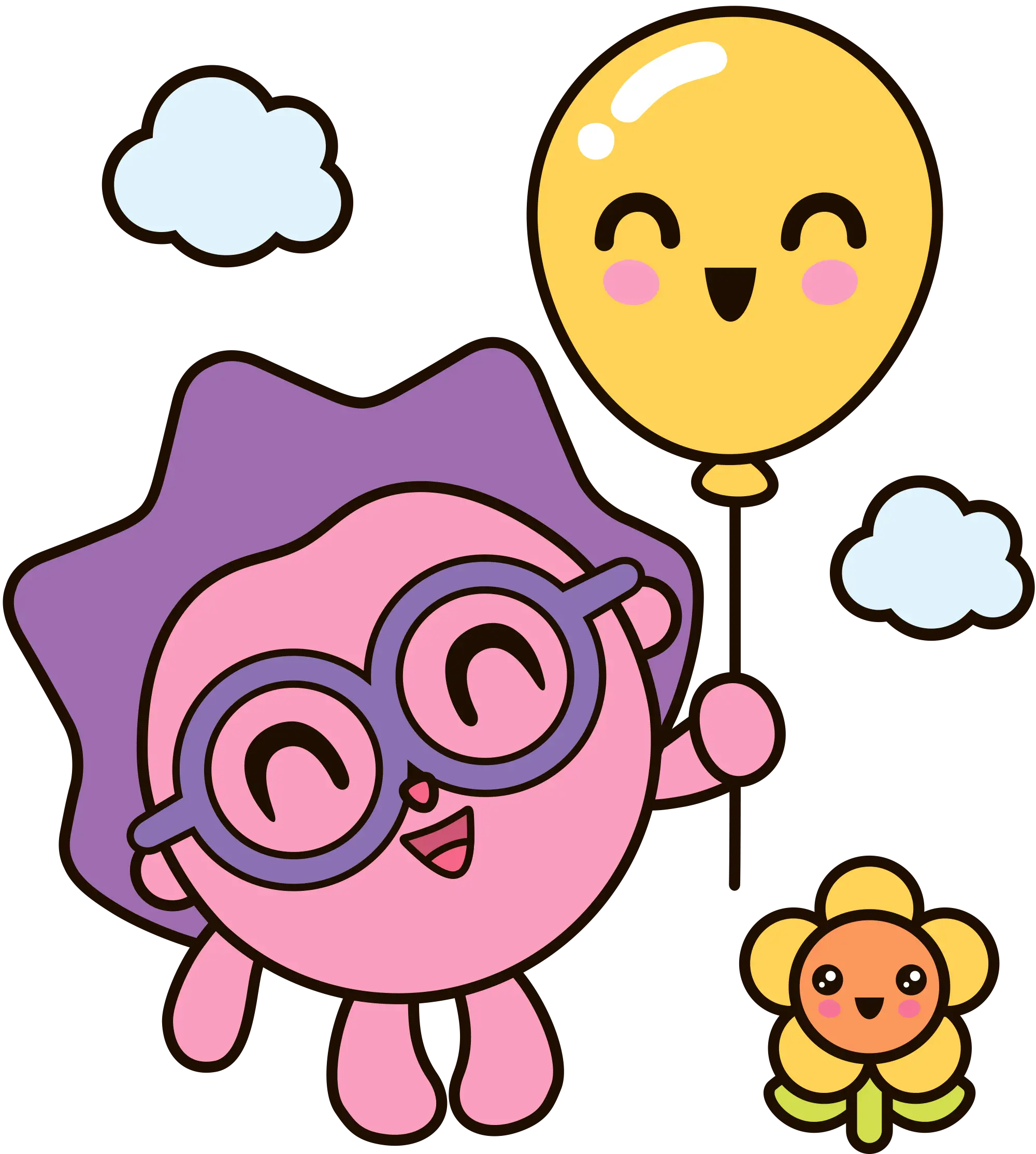 Cute Cartoon Character with Balloon and Flower