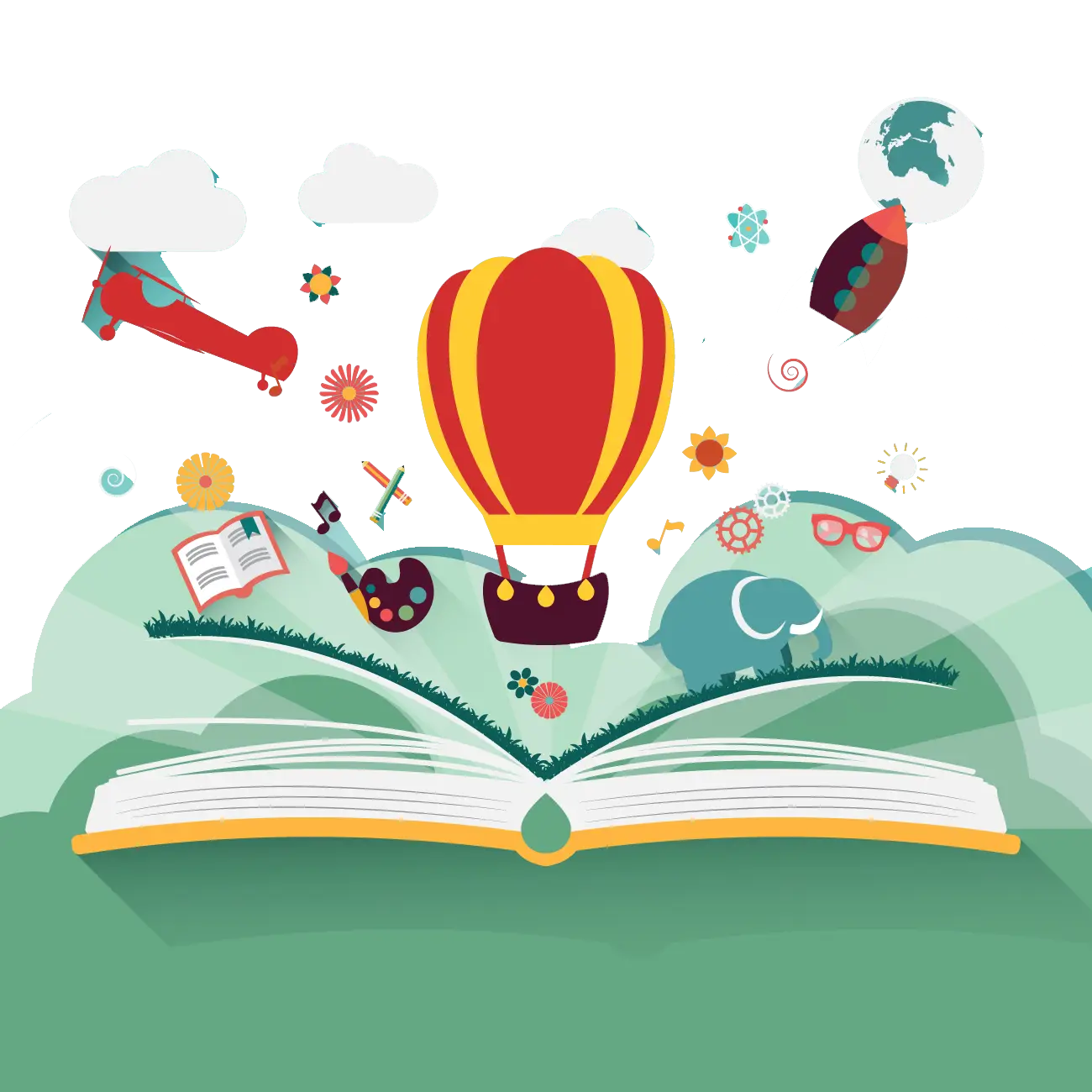 Open Book with Imaginative Floating Objects
