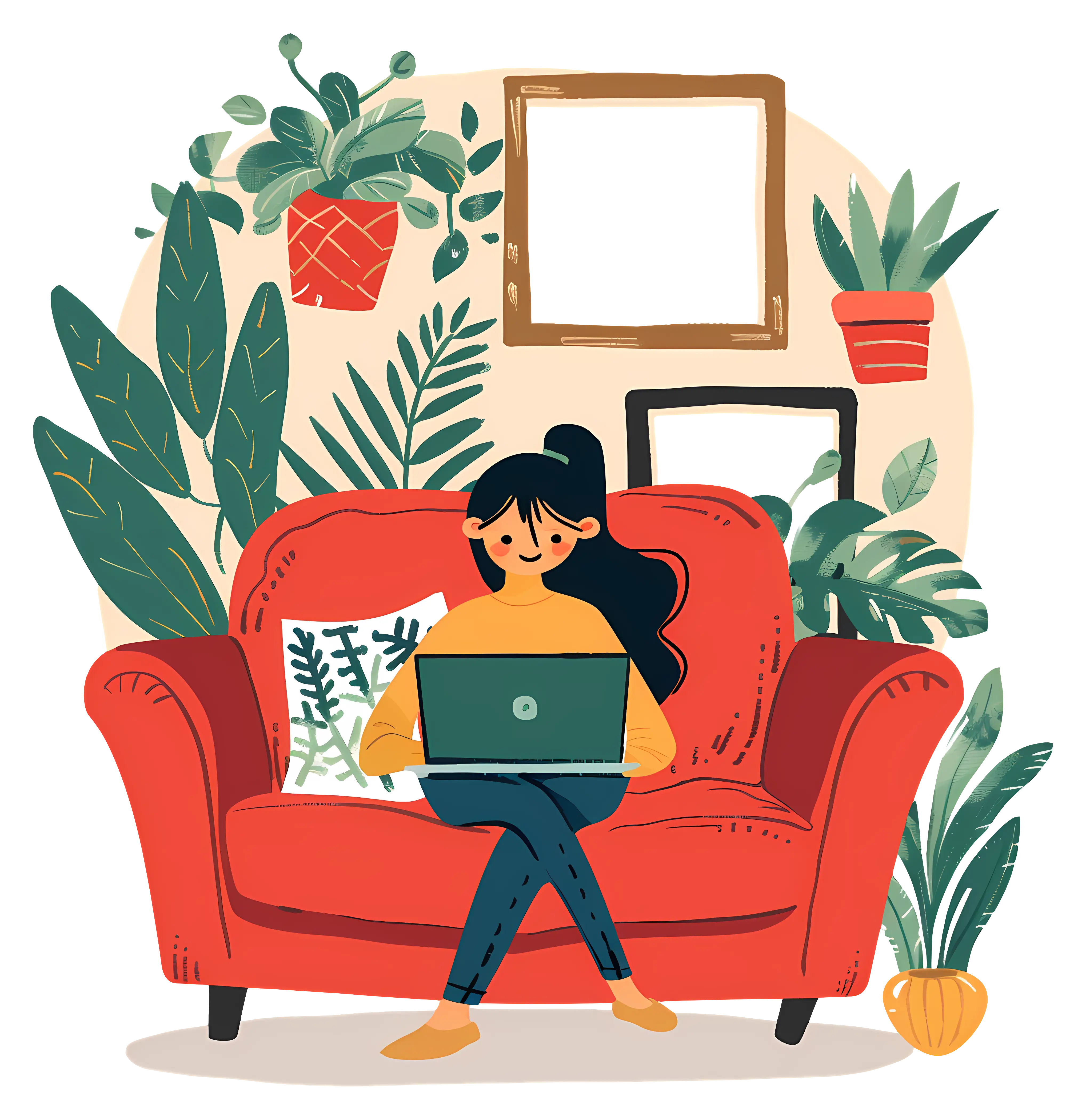 Cartoon Woman Relaxing on Sofa with Laptop