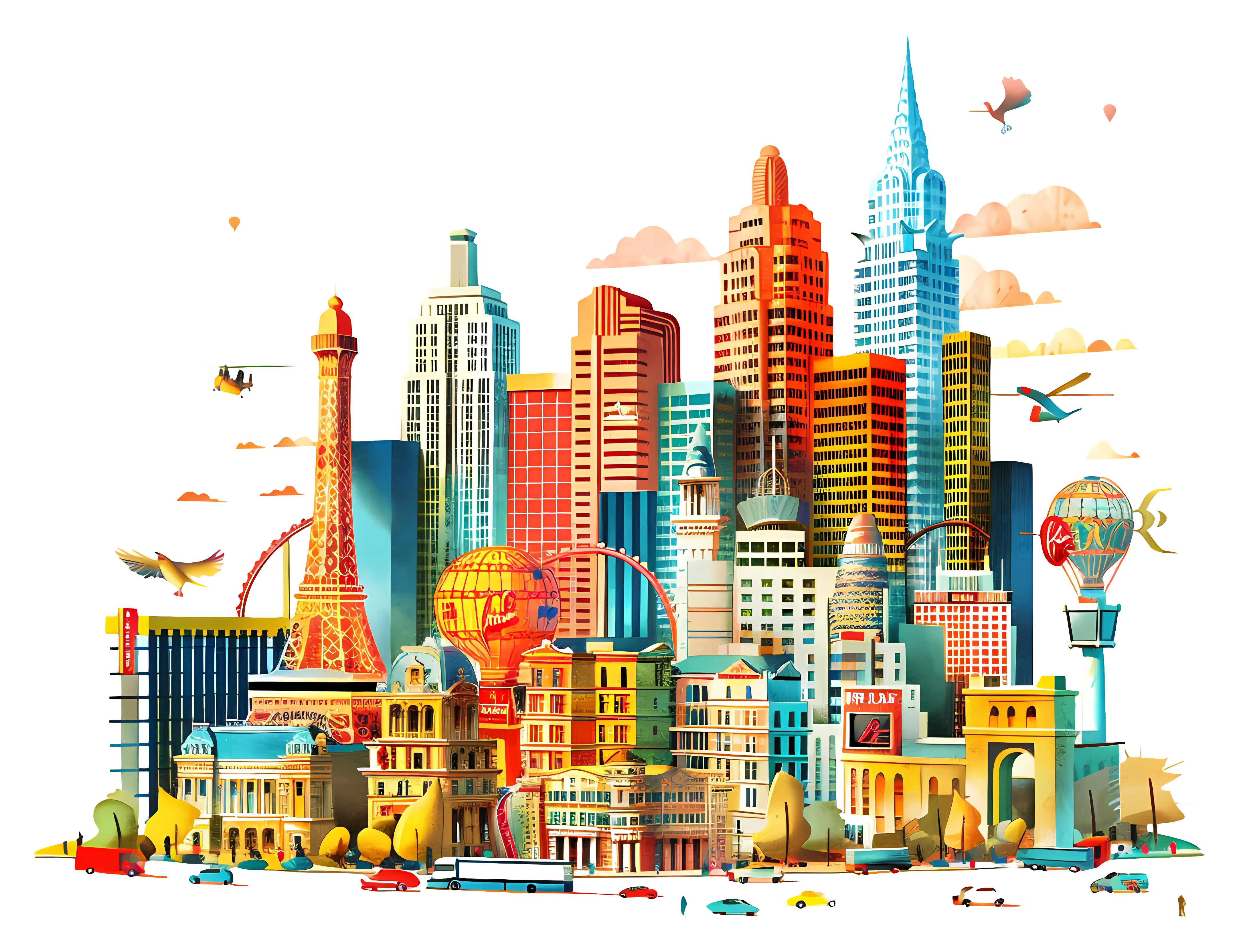 Colorful Cityscape Illustration with Iconic Buildings