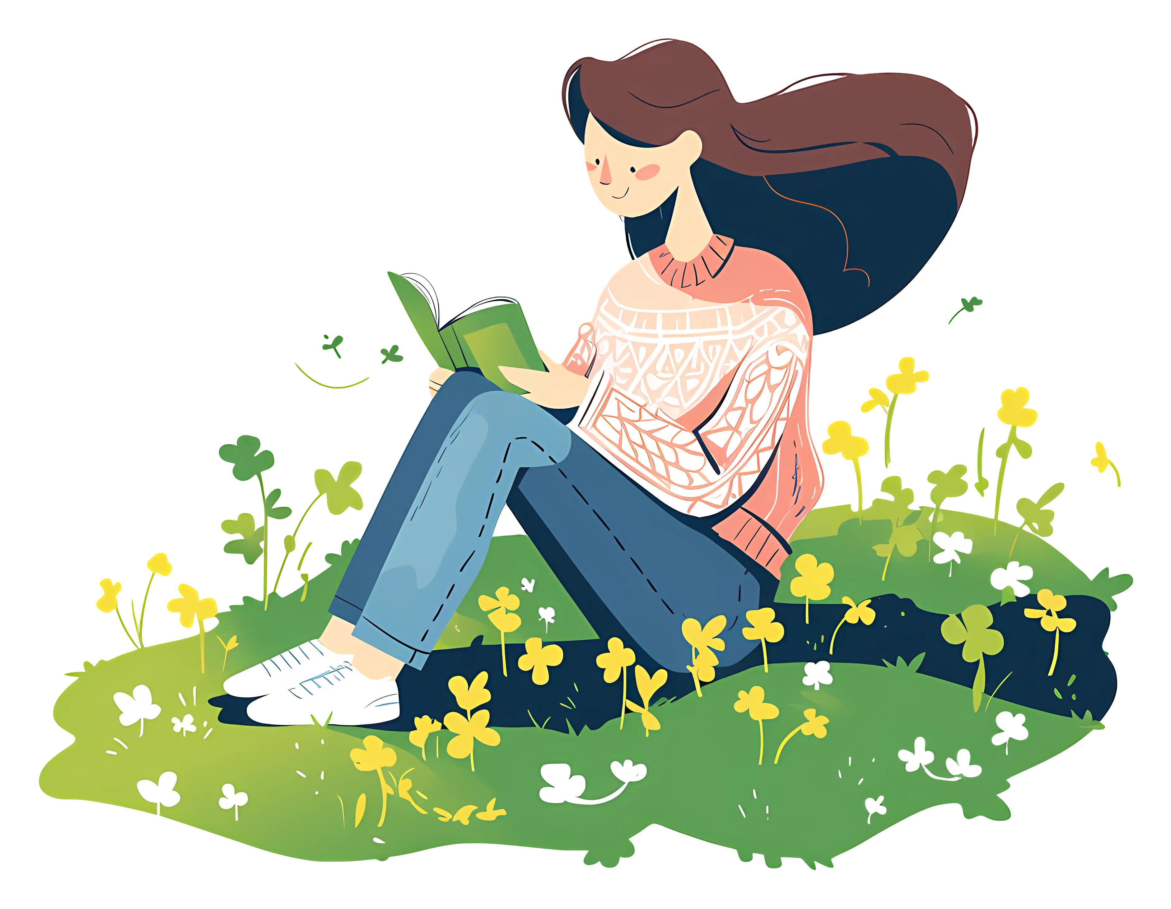 Girl Reading Book in Flower Field