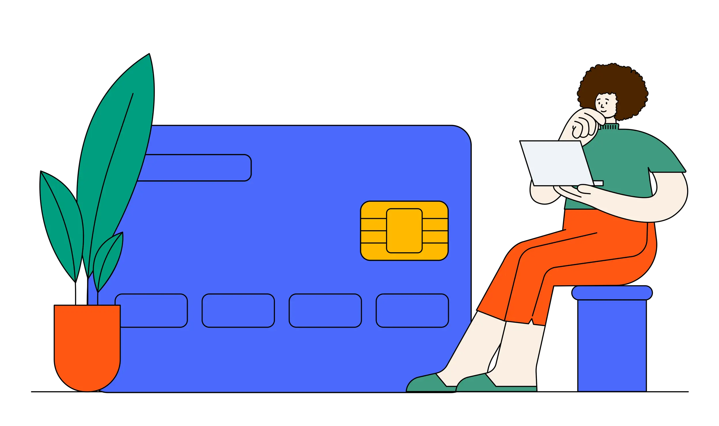 Person Sitting Beside Large Credit Card and Plant Illustration