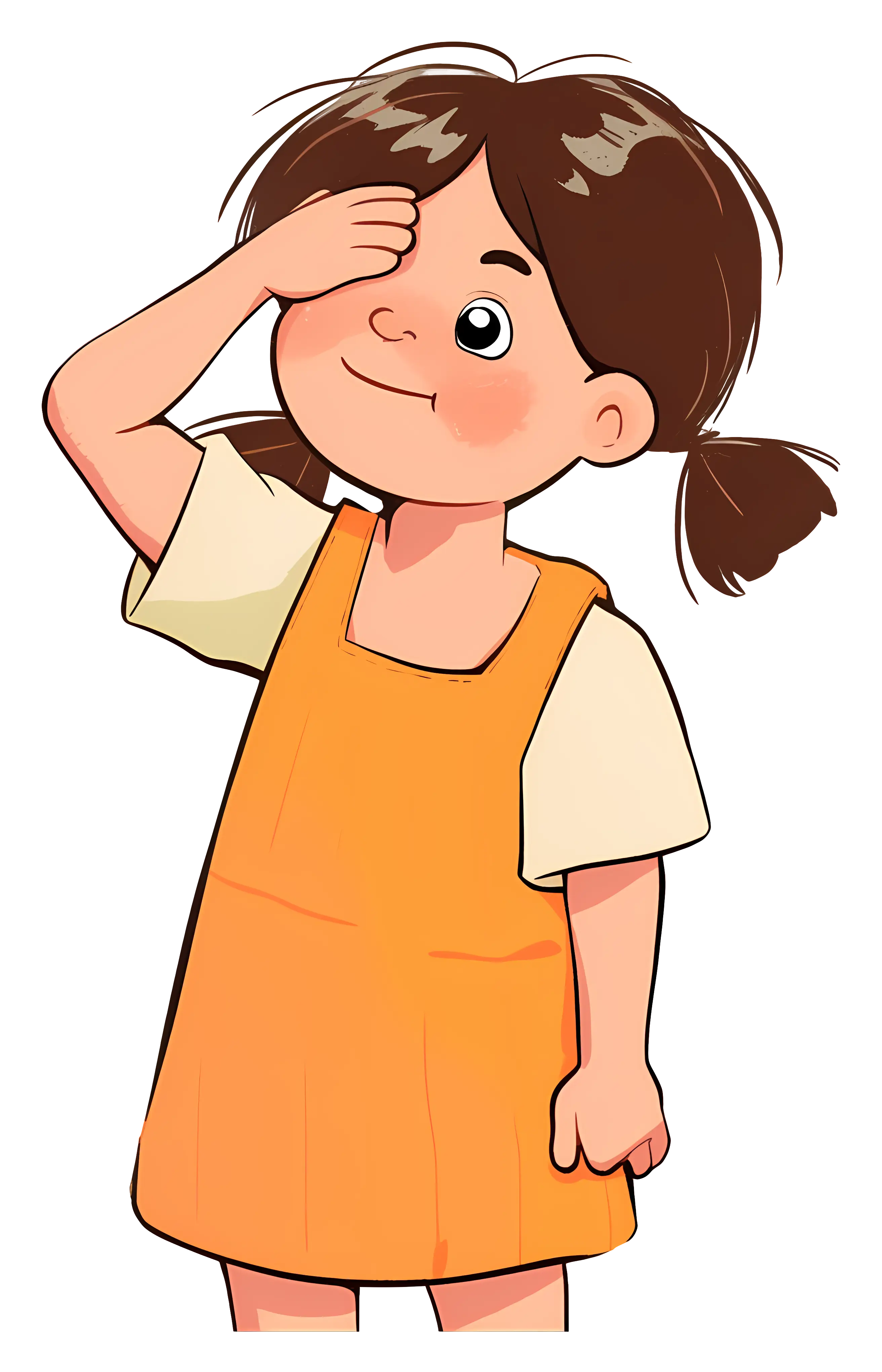 Playful Girl in Orange Dress with Pigtails