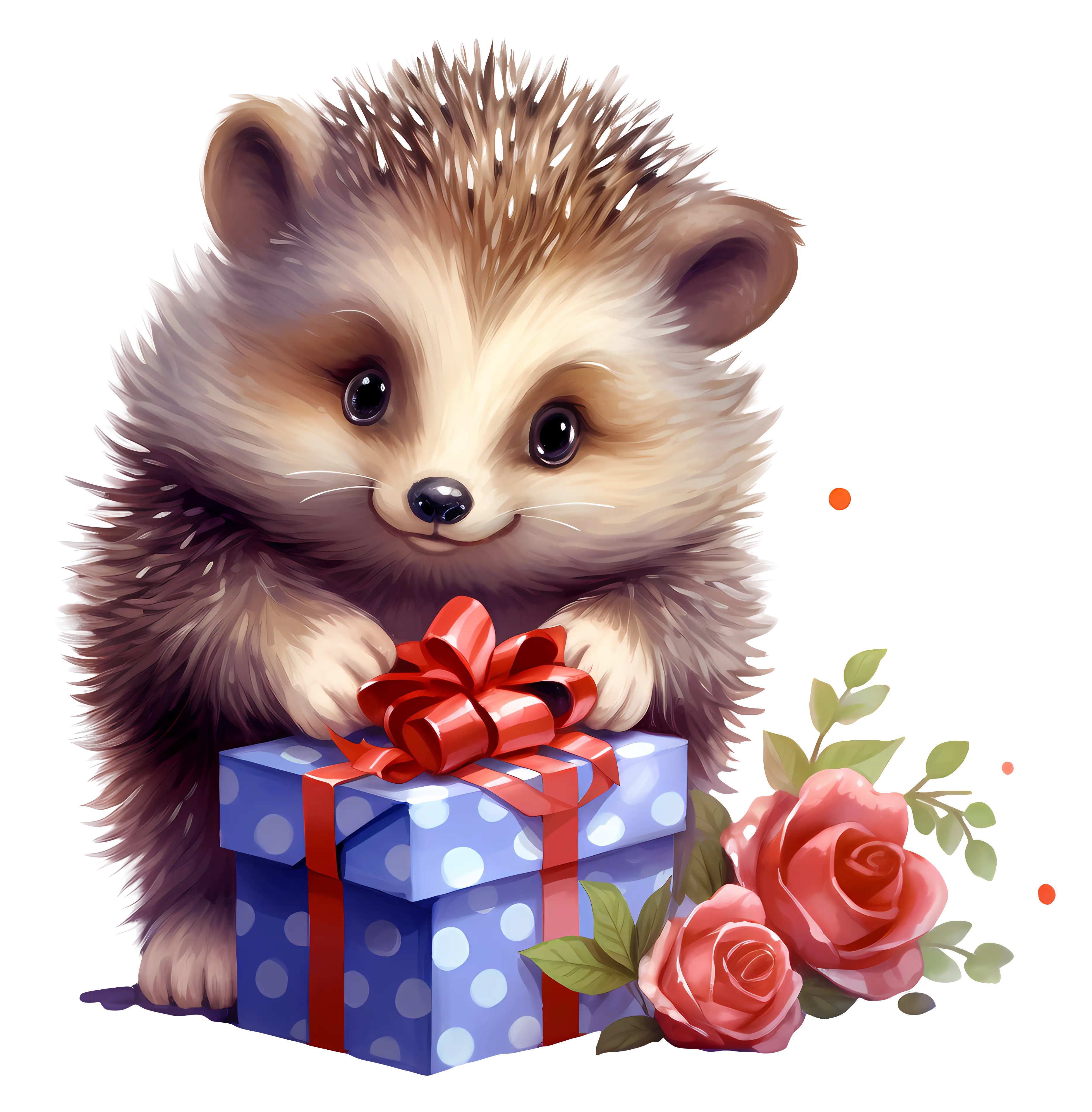 Cute Hedgehog with Gift and Roses