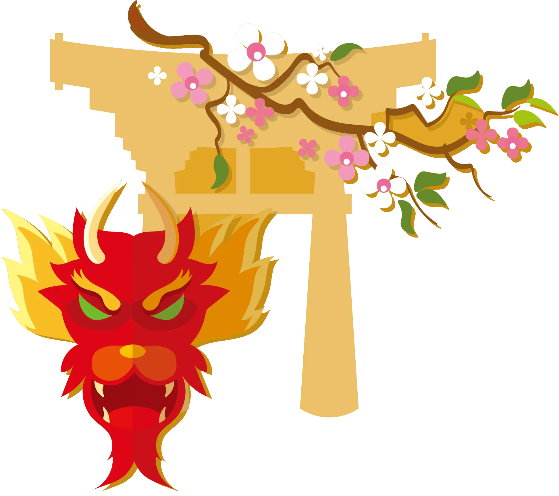 Dragon and Torii with Cherry Blossom