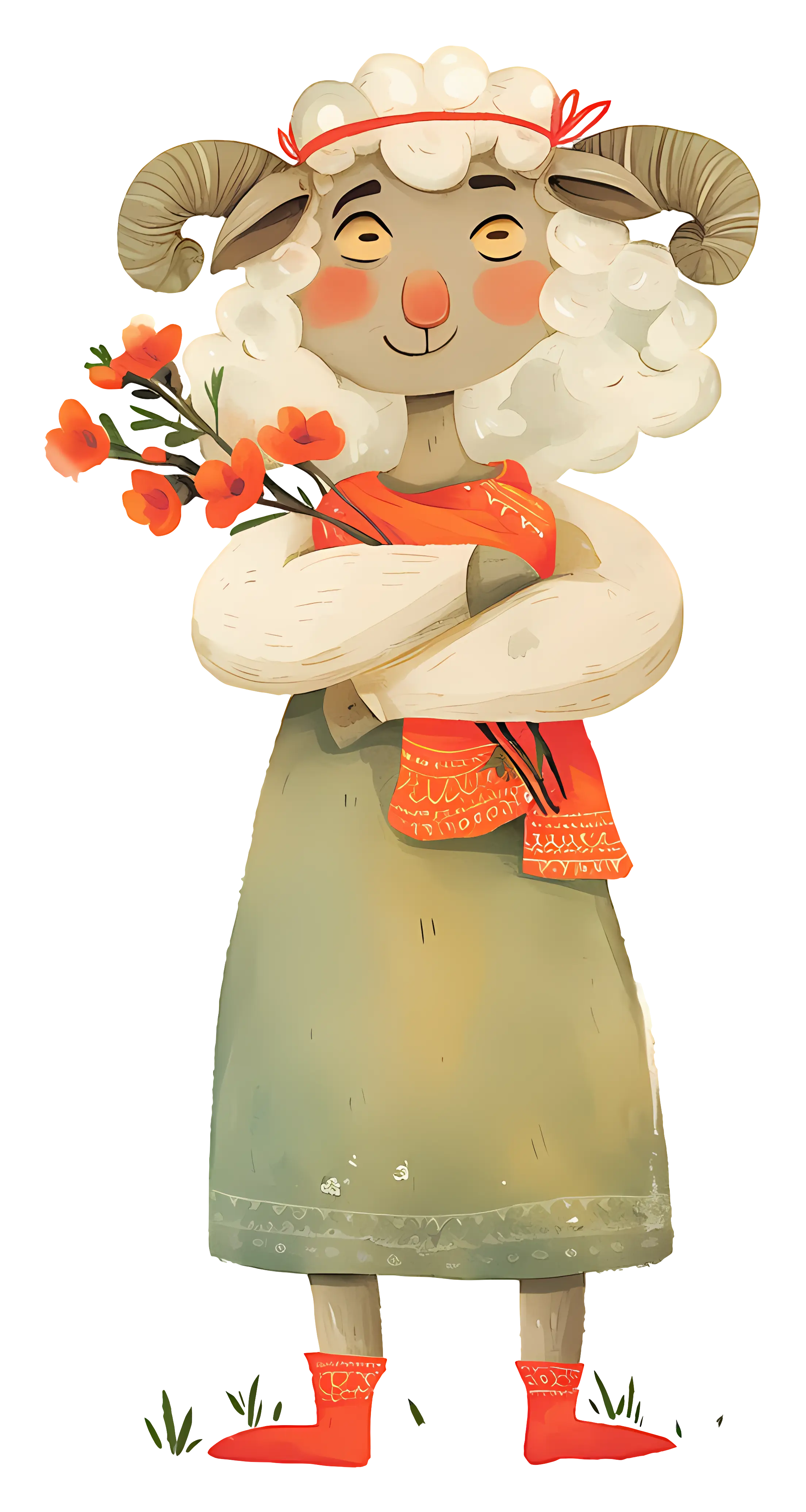 Cartoon Sheep Holding Flowers
