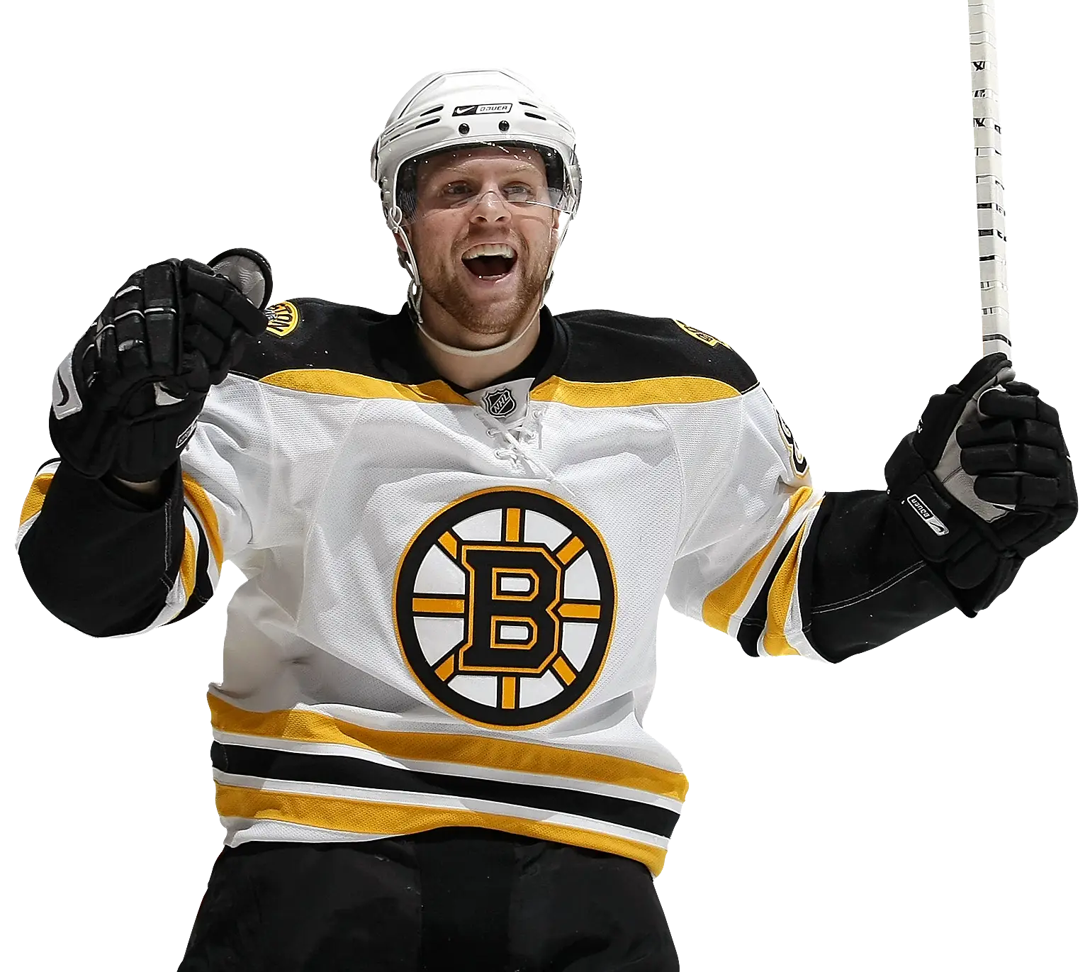 Excited Hockey Player in Boston Bruins Jersey