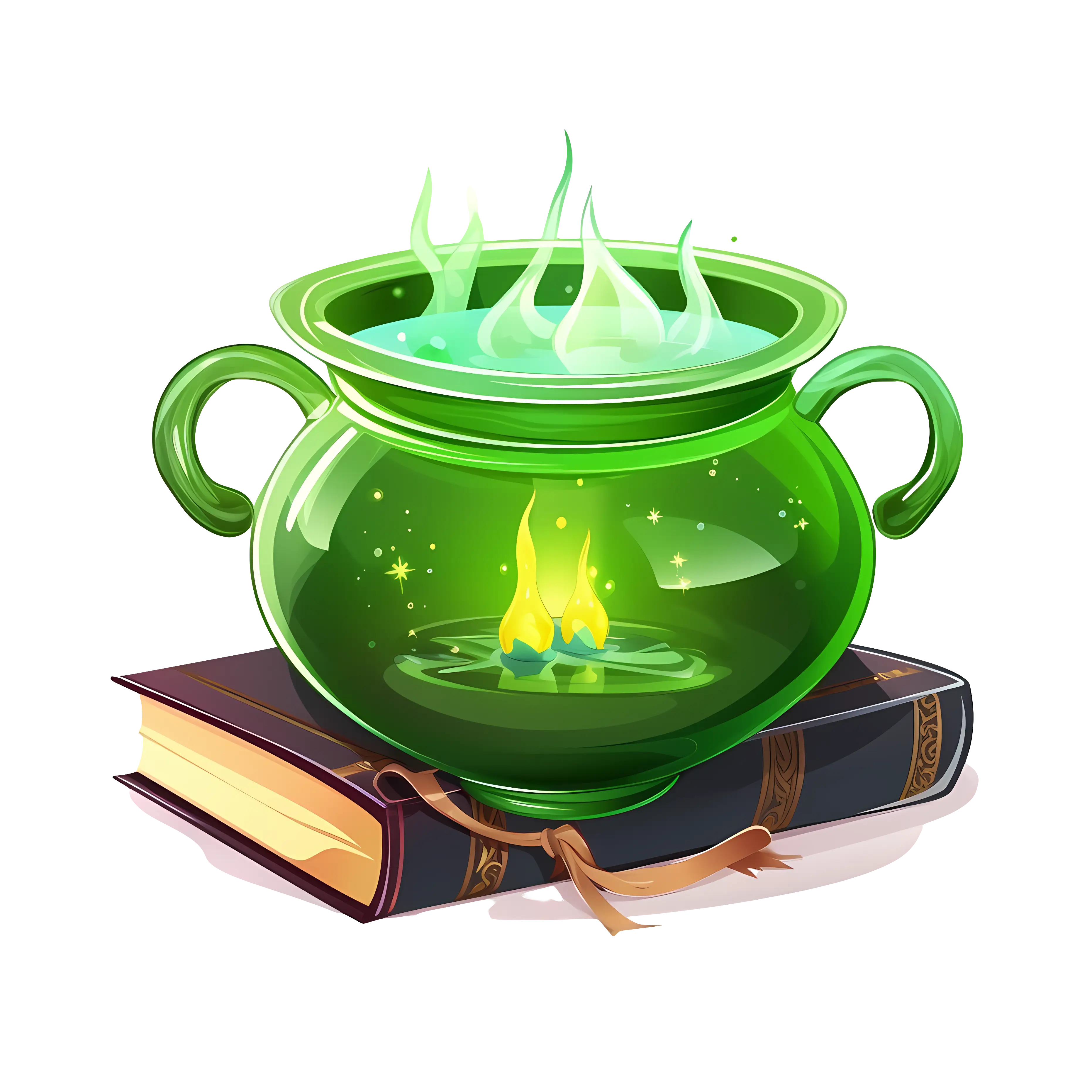 Magic Cauldron with Green Flames and Spellbook